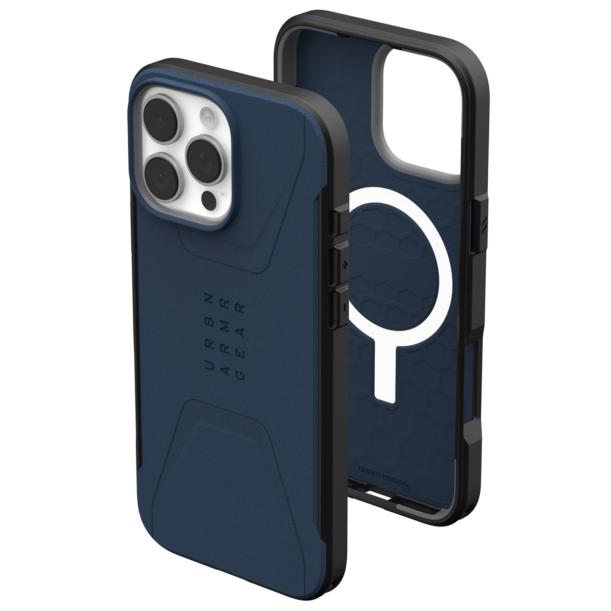 Telefoonhoes met blauwe buitenkant en zwart frame, toont het interieurontwerp en een witte cirkel.