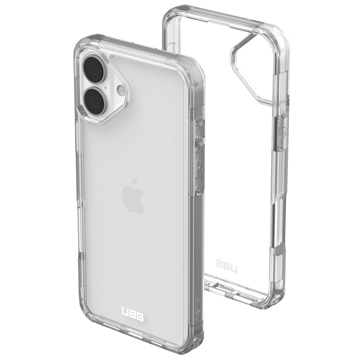 Funda transparente para teléfono con teléfono dentro. La funda es transparente con anillos negros para la cámara.
