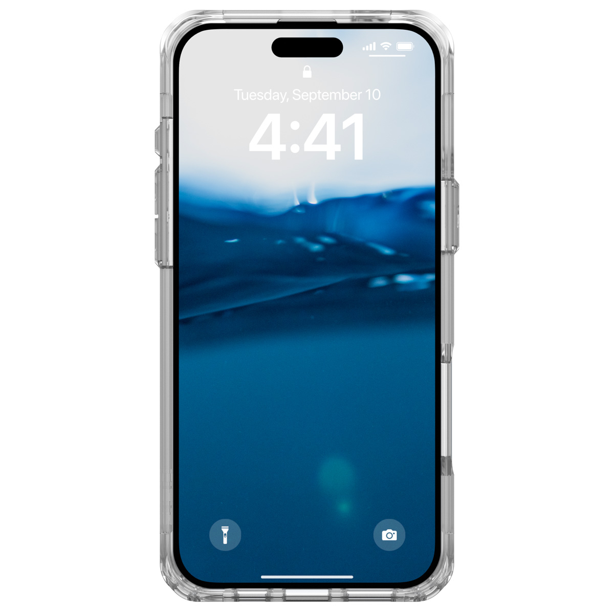 Smartphone con funda protectora transparente. Muestra una escena de agua azul con hora y estado de la batería.