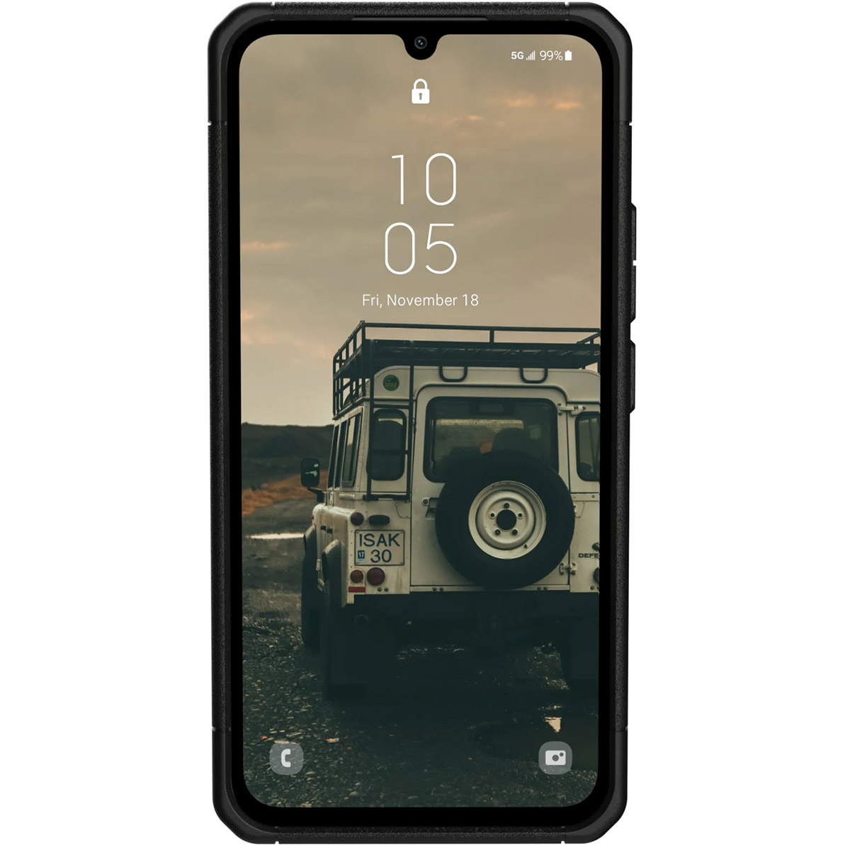 Smartphone with a black case displaying a car and a date. The case is black and has a black frame.