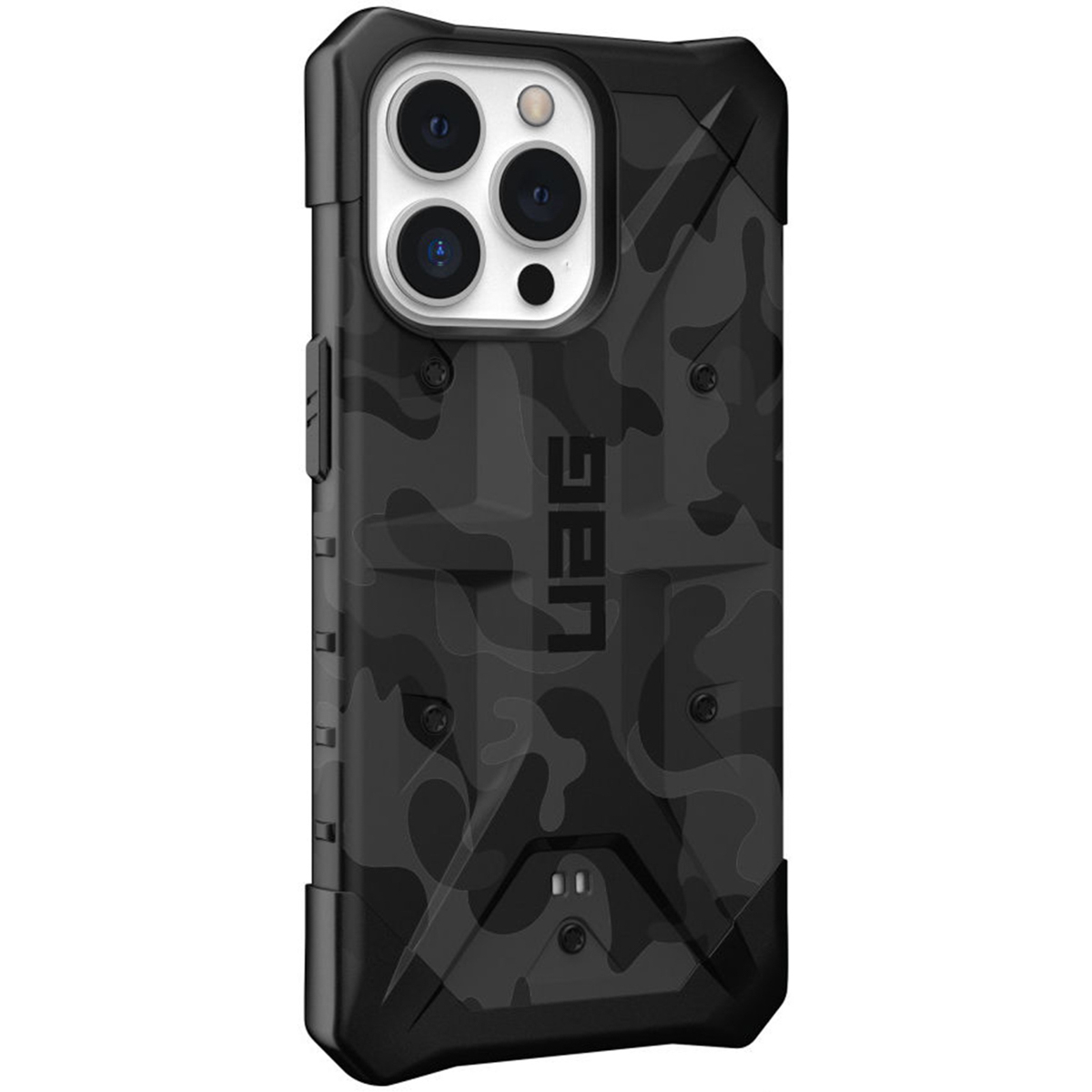 Schwarze Handyhülle für ein iPhone mit Camouflage-Design, mit UAG-Logo.