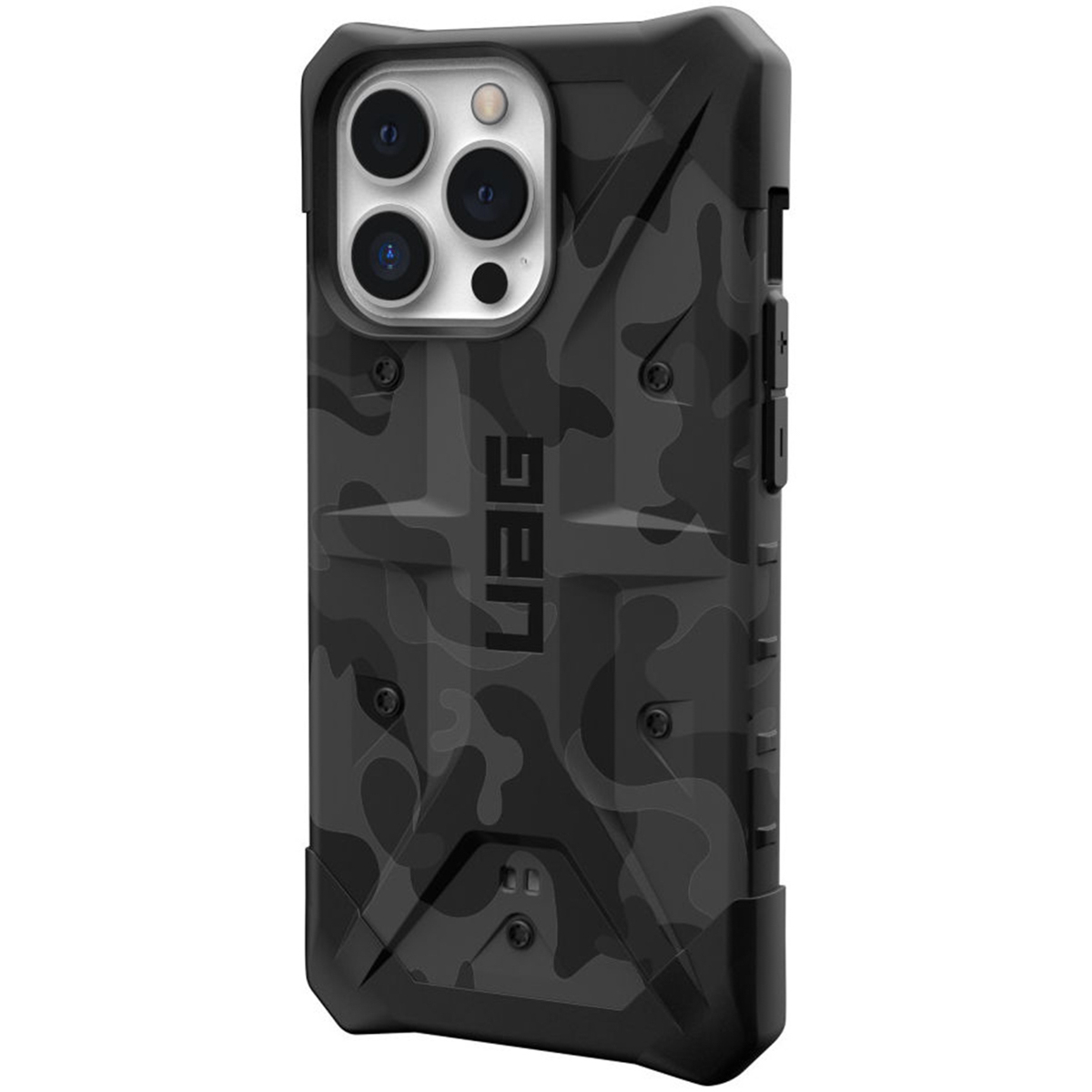Eine robuste schwarze Handyhülle mit Tarnmuster. Das UAG-Logo ist sichtbar.
