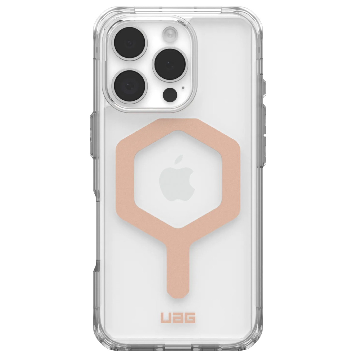 Eine transparente Handyhülle mit einem hellrosa Kreismuster auf der Rückseite. Die Hülle hat einen transparenten Körper und ein UAG-Logo.