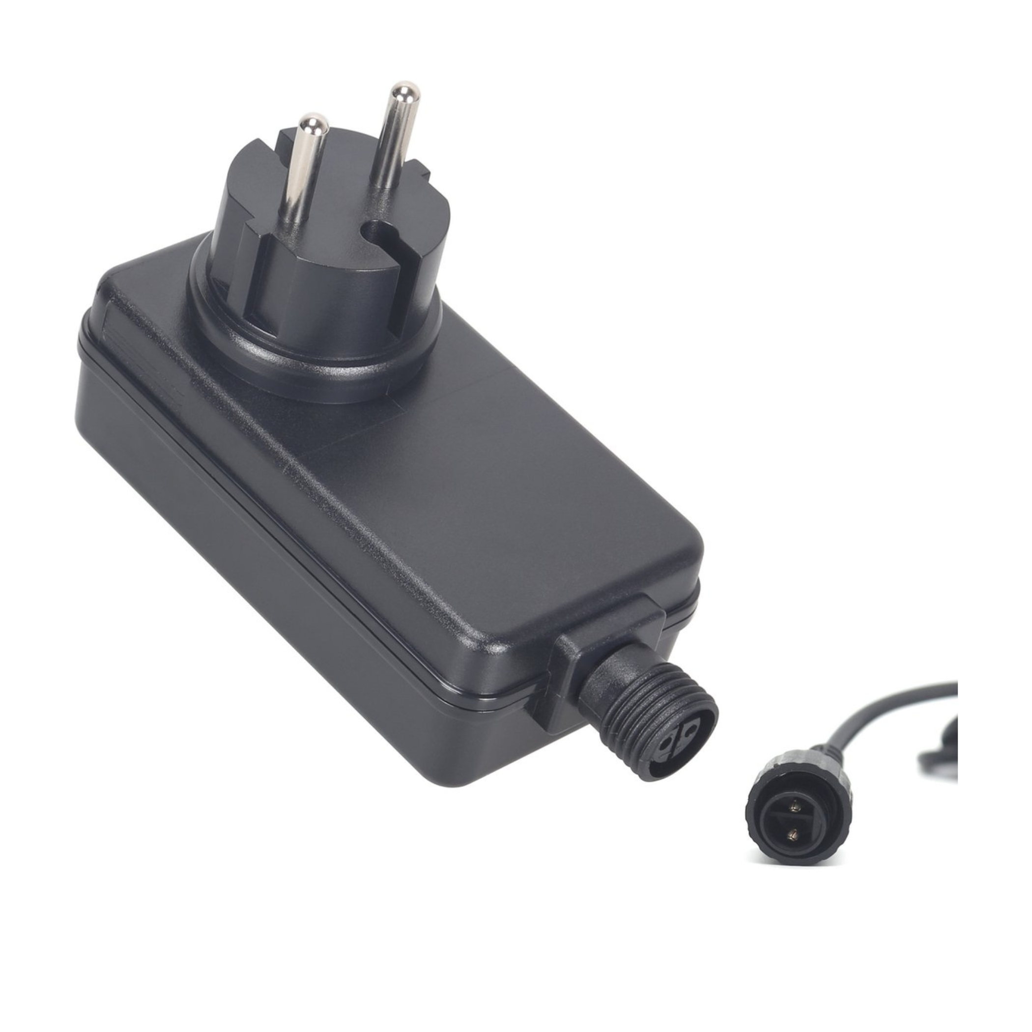 Black power adapter with Euro plug and two connecting cables.