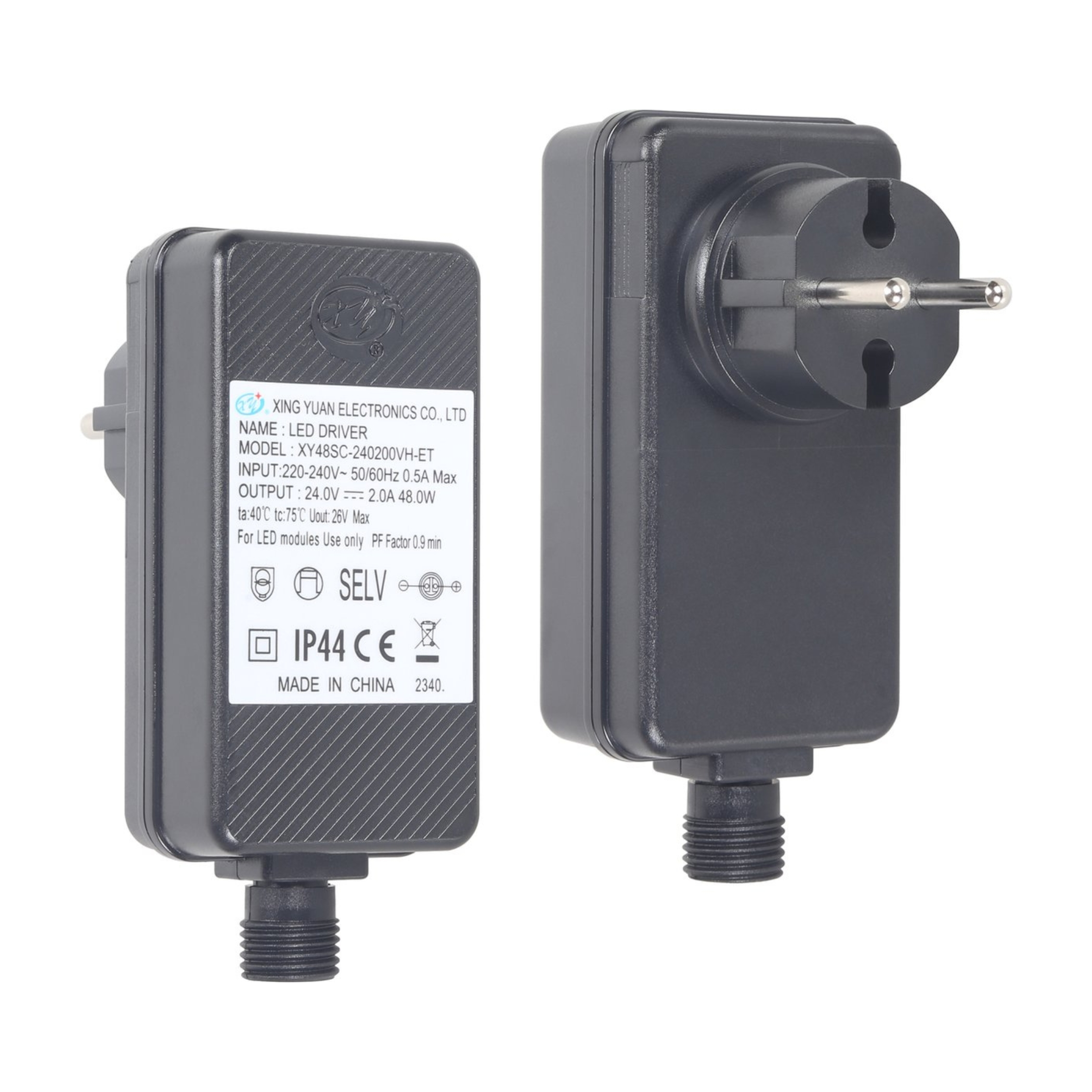 Two black LED drivers with European plug and labels.