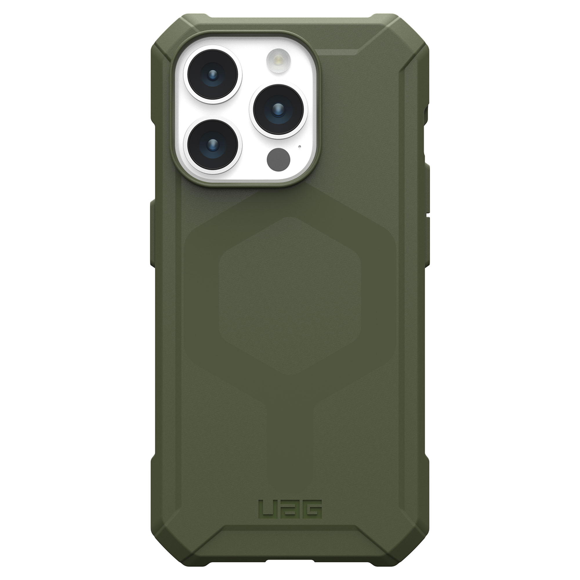 Una funda de teléfono verde oliva con diseño geométrico resistente.
