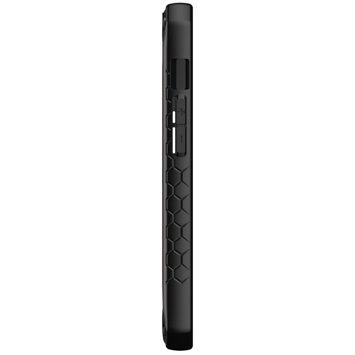Eine schwarze Telefonhülle mit wabenförmigem Muster, Seitenansicht, auf weißem Hintergrund.