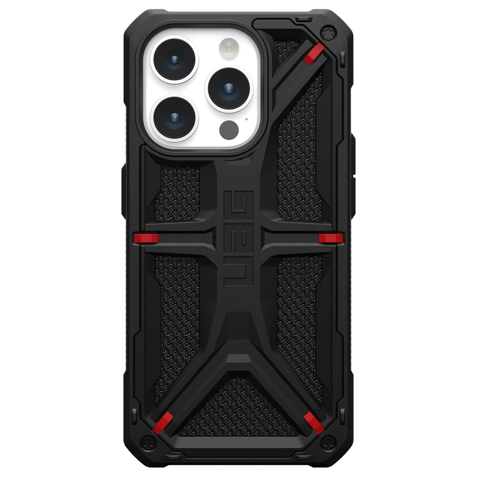 Eine schwarze Handyhülle mit UAG-Logo und roten Akzenten. Die Kamera des Telefons ist sichtbar.