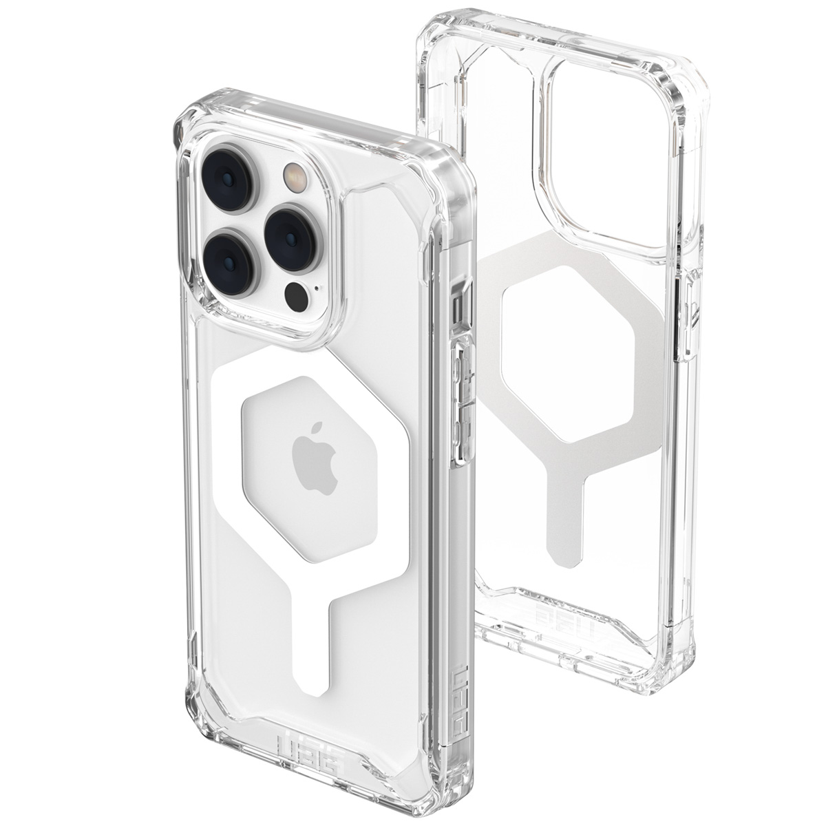 Transparante telefoonhoes met witte accenten. Toont cameralenzen en Apple-logo.