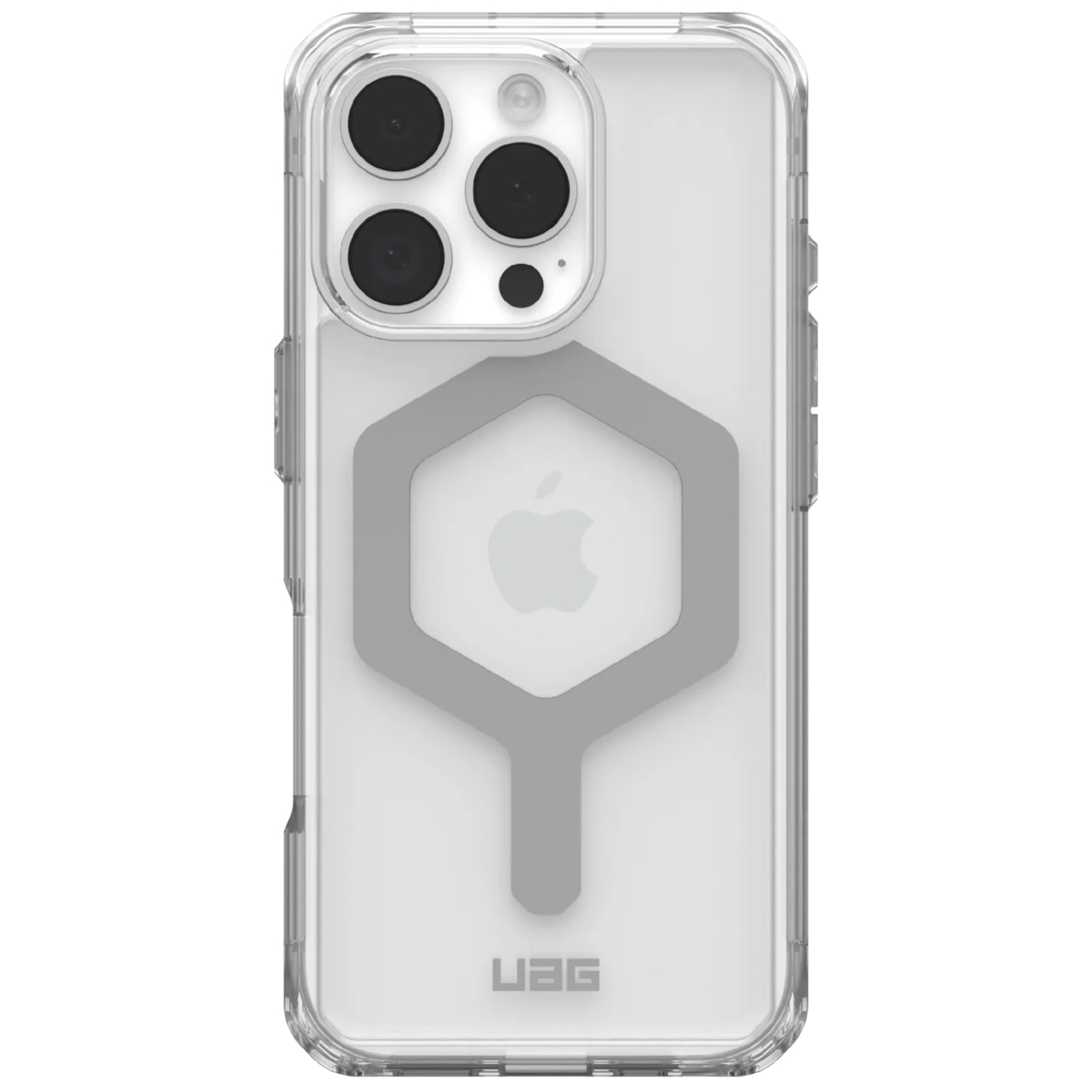 Klar iPhone-Hülle mit grauem Hexagon-Design. Sichtbares Apple-Logo auf dem Telefon. Klare Seiten und Ecken.