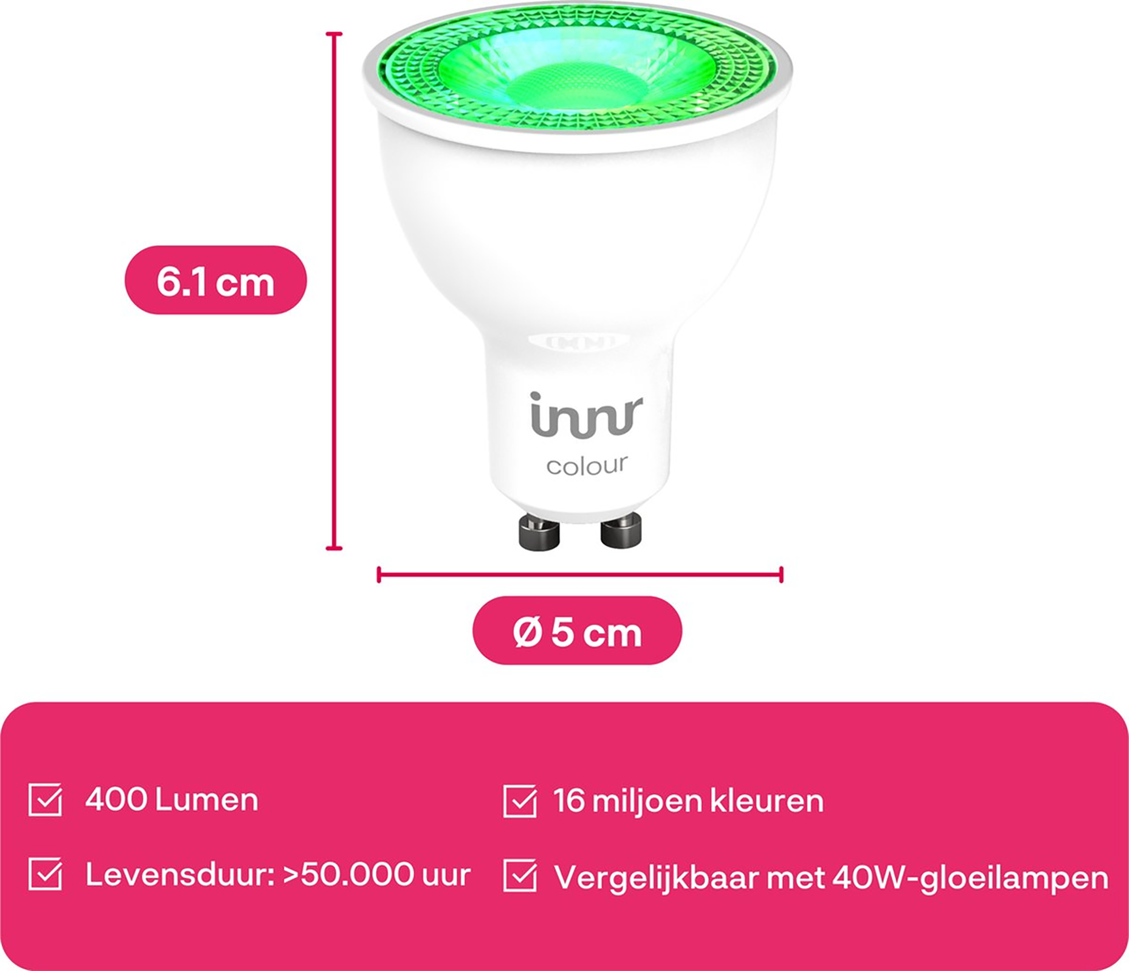 Ampoule blanche avec lumière verte à l'intérieur. Les dimensions et les détails techniques sont affichés dans l'image.