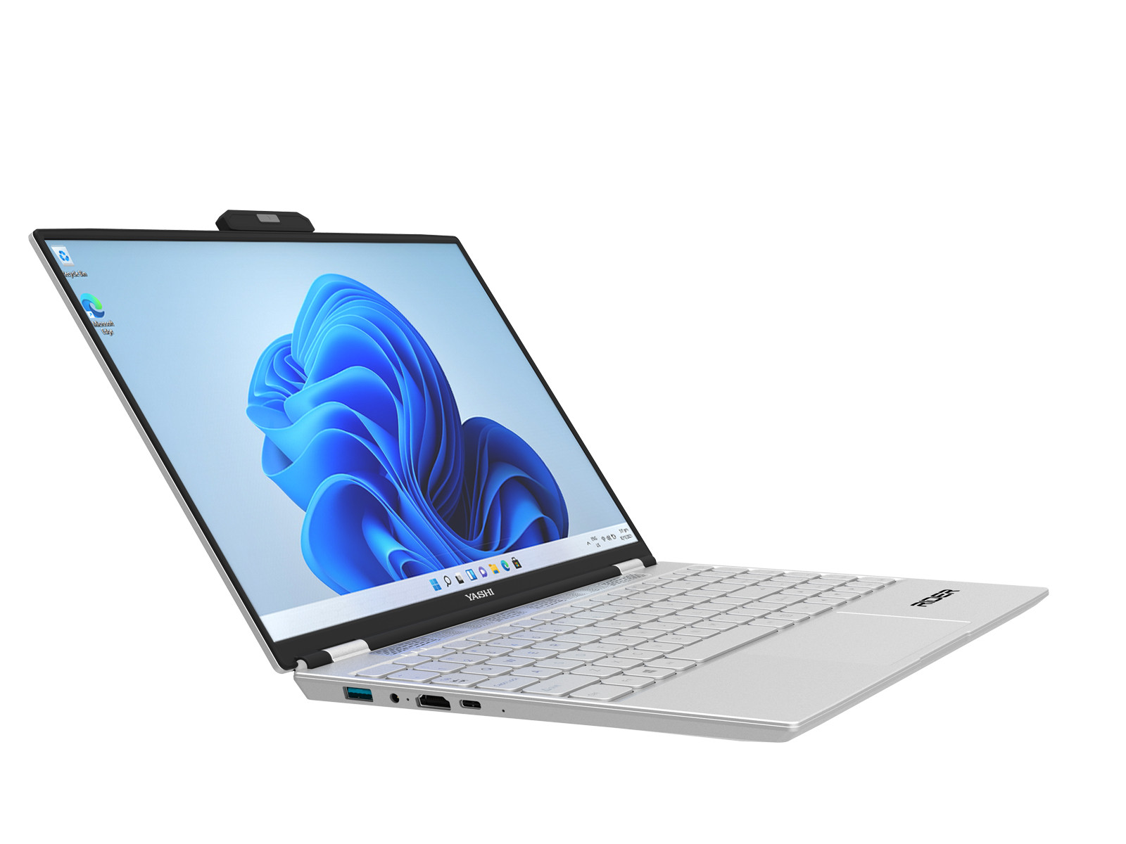 Un laptop aperto con una webcam in alto, il desktop ha un vortice blu.