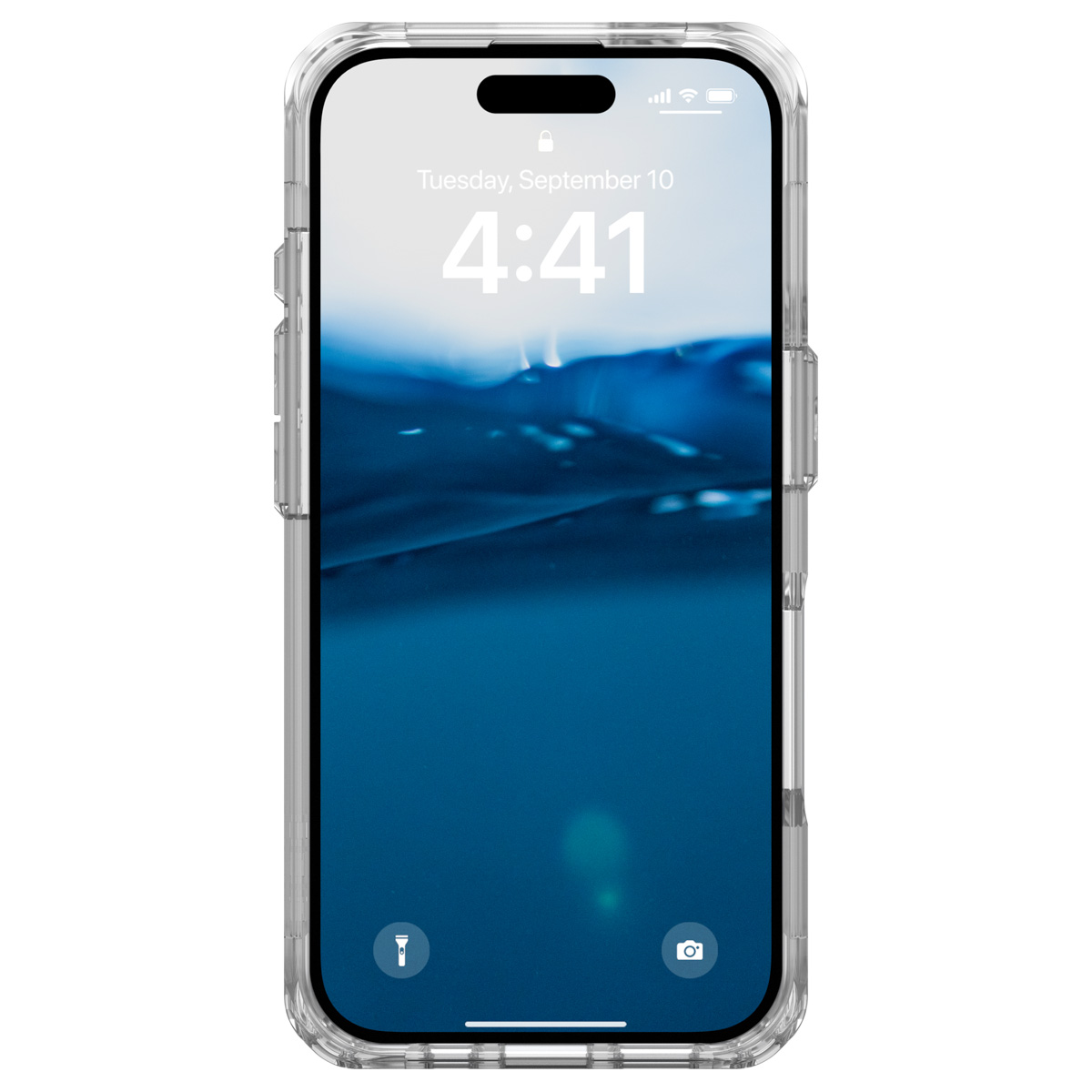 Eine transparente Handyhülle auf einem Telefon, das Datum und Uhrzeit anzeigt.