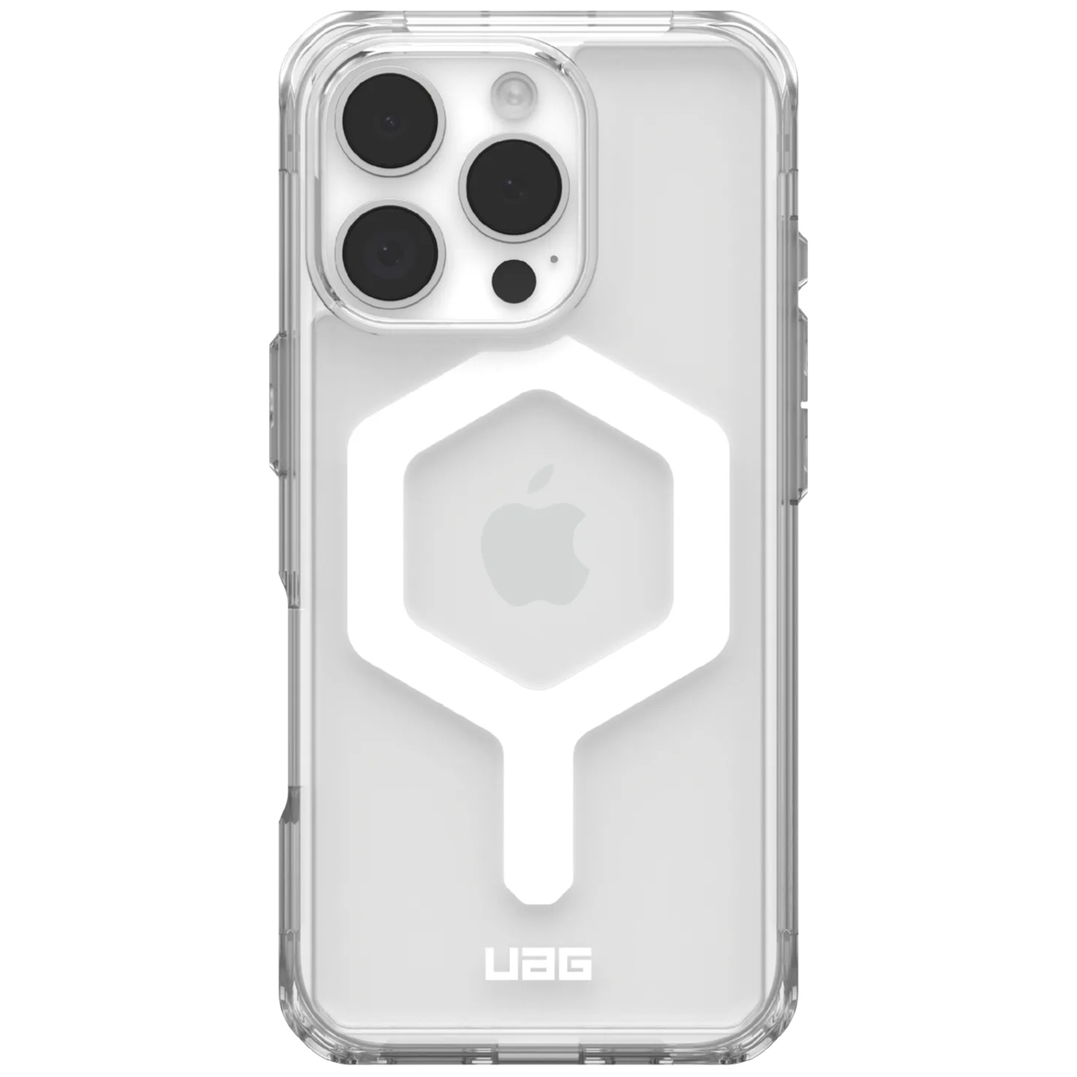 Eine transparente Handyhülle mit weißem sechseckigem Design. Das Apple-Logo ist sichtbar.