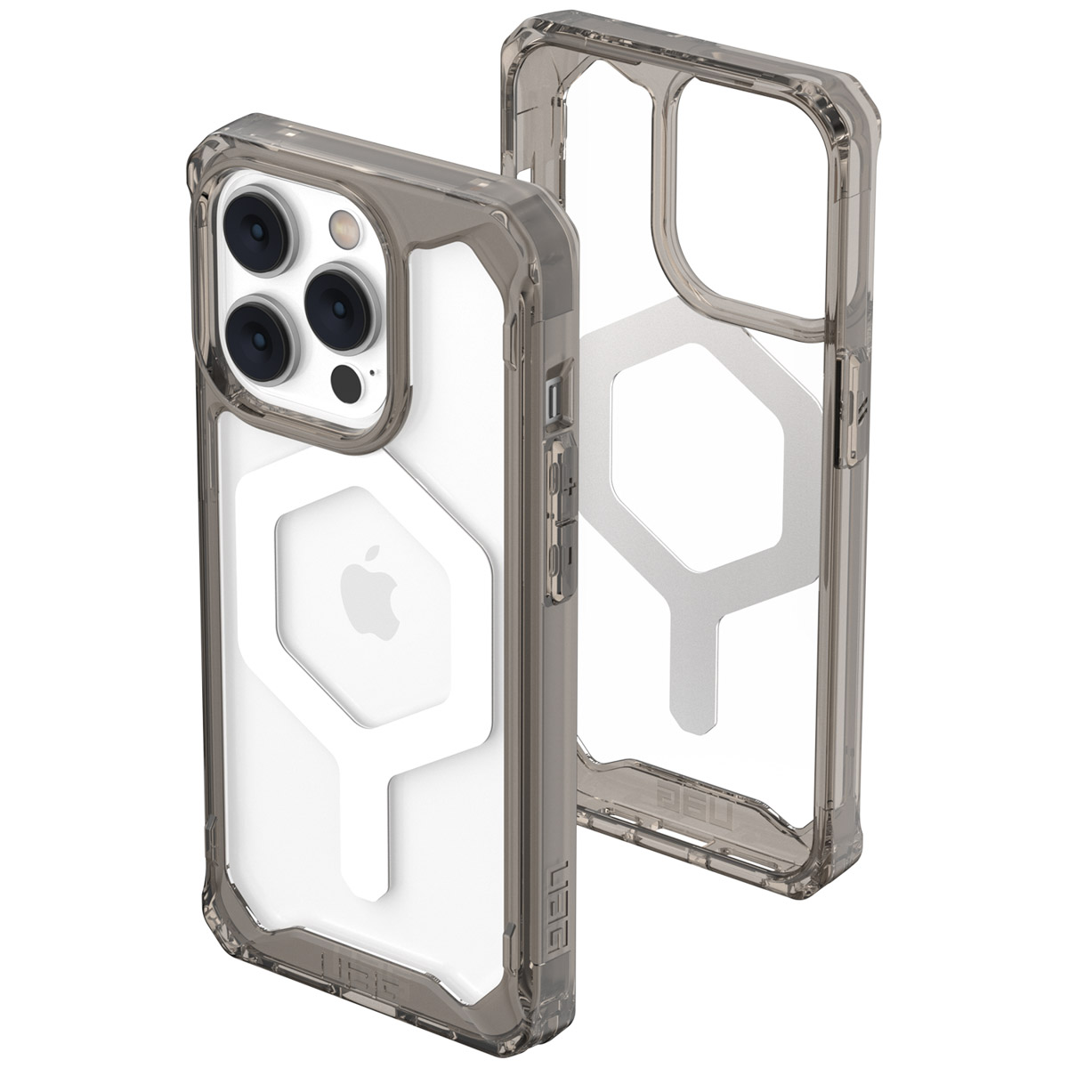 Een doorzichtige, beschermende telefoonhoes voor een iPhone, met een witte binnenkant met een UAG-logo.