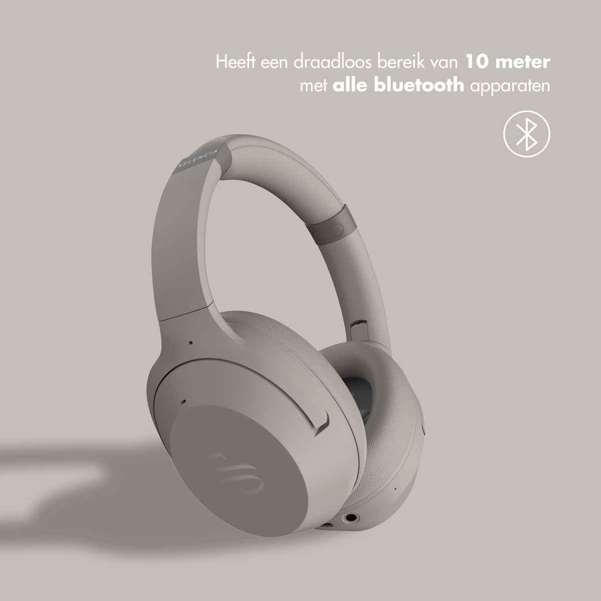 Graue Kopfhörer mit minimalistischem Design, Text über Bluetooth-Reichweite und ein Bluetooth-Symbol.