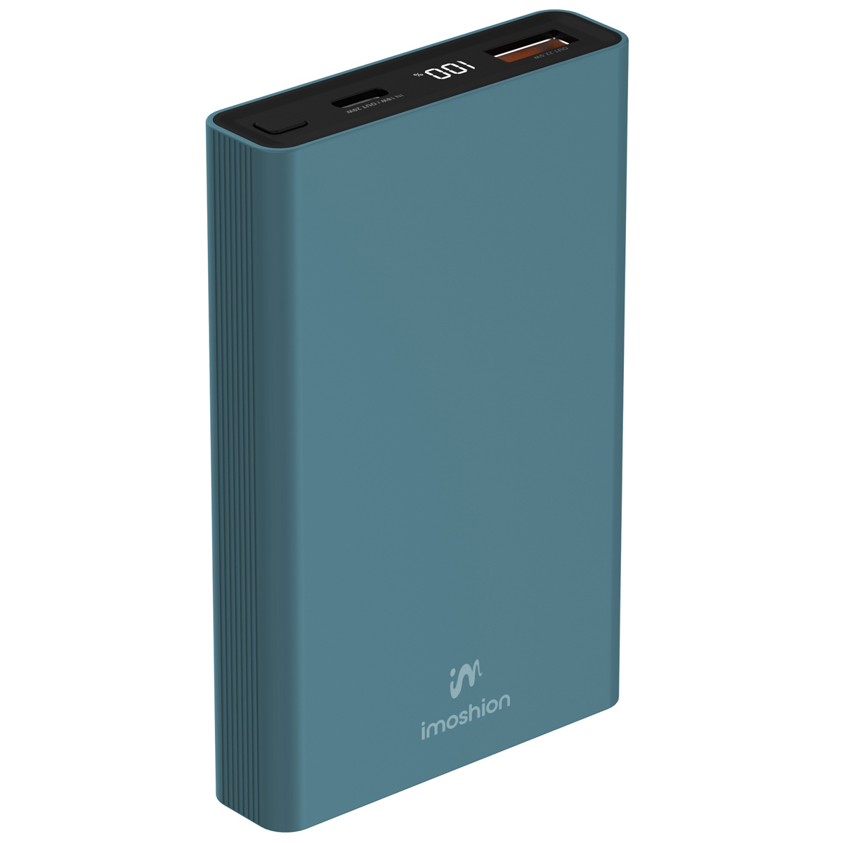 Batterie externe bleue. Affichage supérieur indiquant 100% de charge. Marque 'imoshion'.