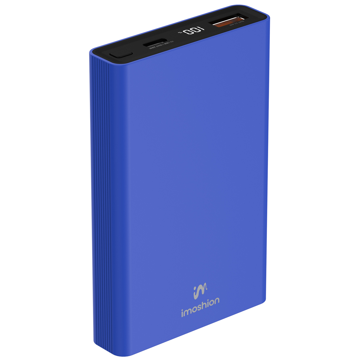 Une batterie externe bleue avec un affichage numérique indiquant 100 %, et le logo 'imoshion' est présenté.