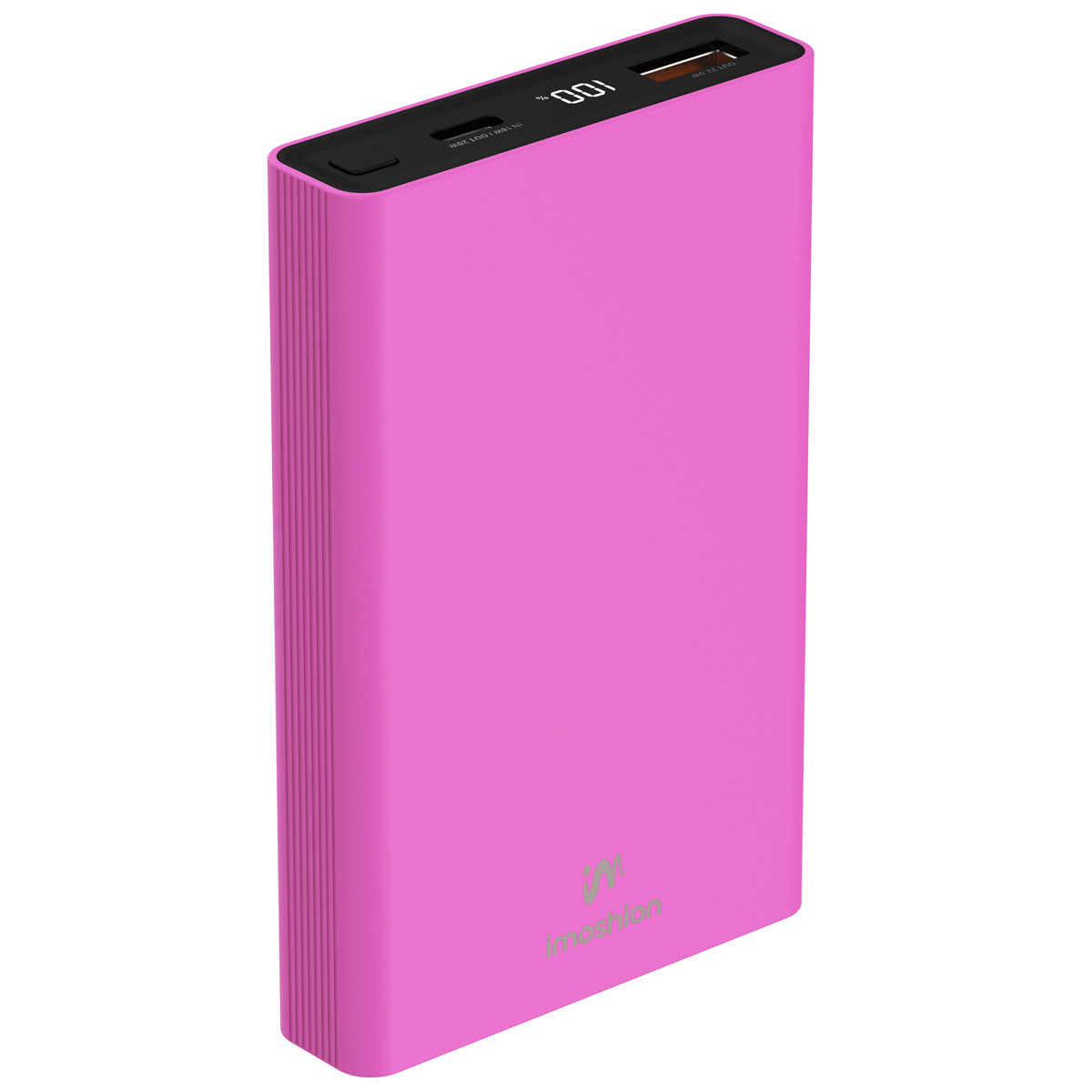 Power bank rose, rectangulaire, avec port de charge et indicateur d'alimentation.