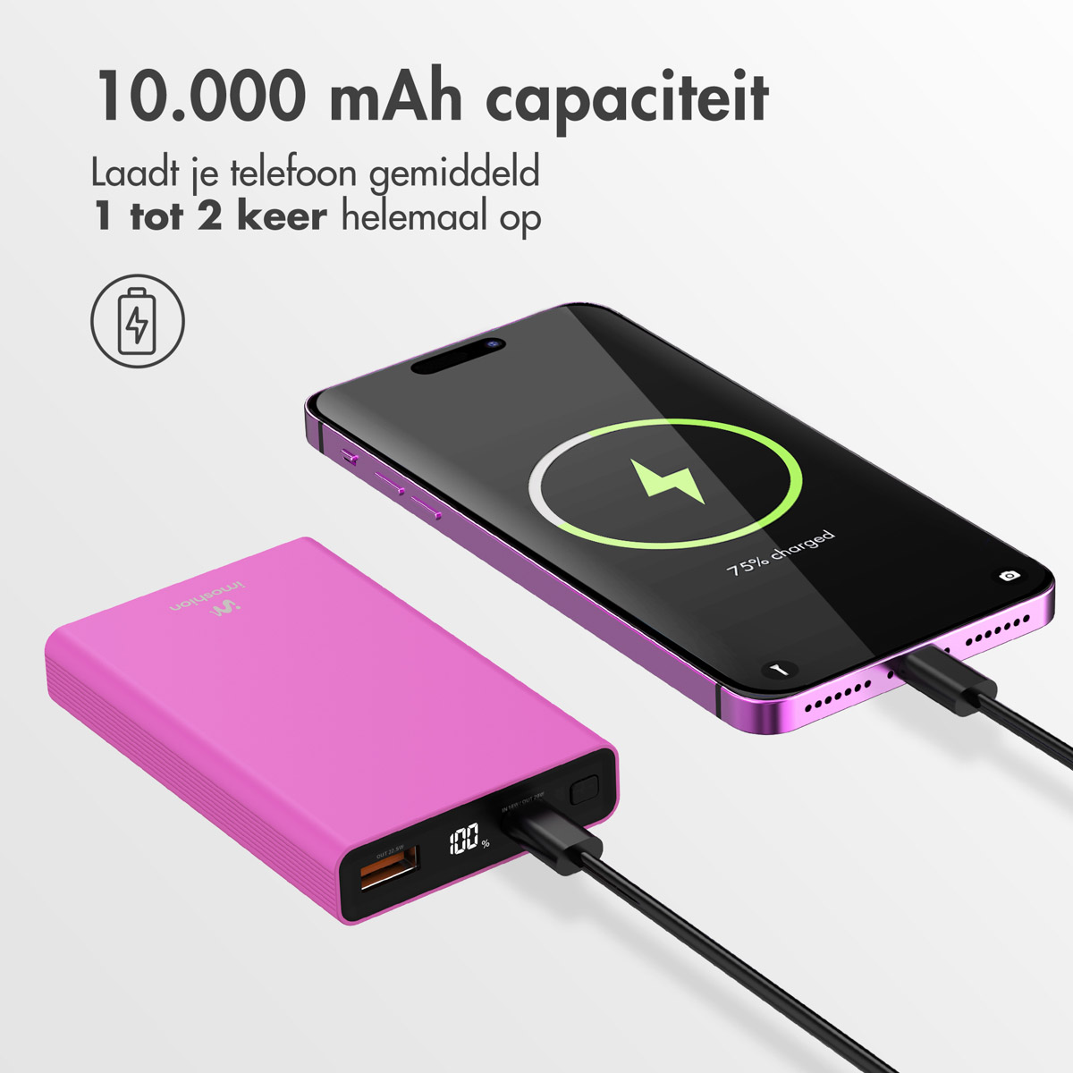 Batterie externe rose chargeant un téléphone. Le téléphone affiche un symbole de chargement.