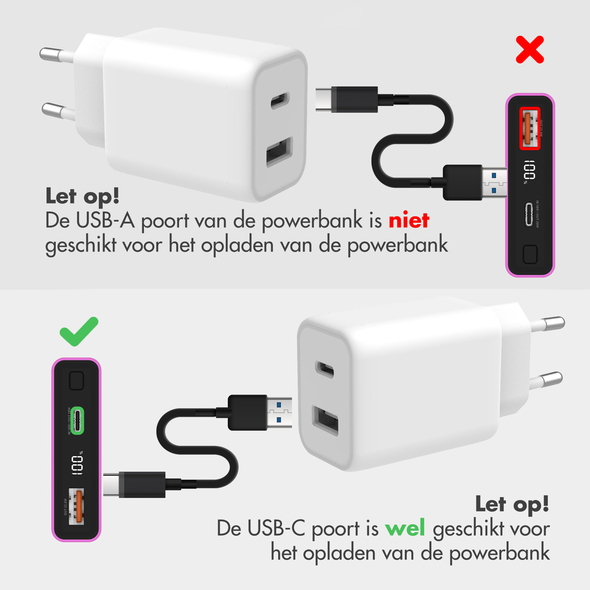 Deux chargeurs de téléphone sont affichés, l'un utilisant le bon port USB-C, l'autre faux.