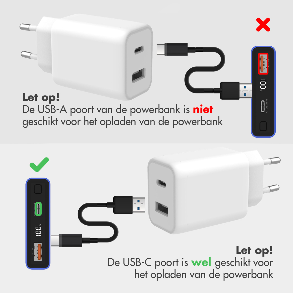 Schéma montrant la charge de la batterie externe. Port USB-A non adapté, port USB-C adapté.