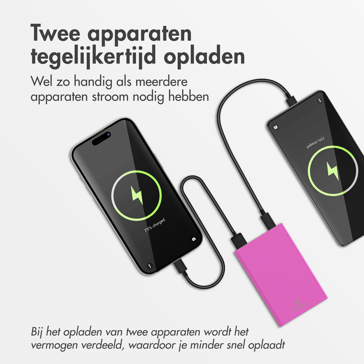 Deux téléphones et une batterie externe rose, câbles les reliant.
