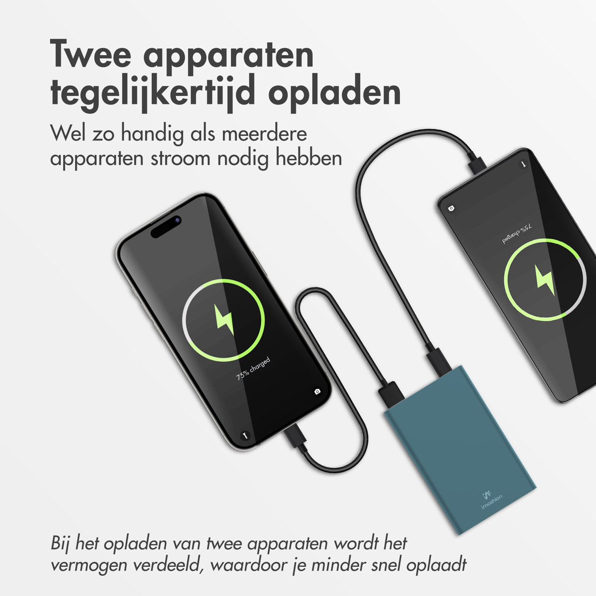 Deux téléphones se chargent à partir d'une banque d'alimentation bleue. Le texte explique : Chargez deux appareils à la fois.