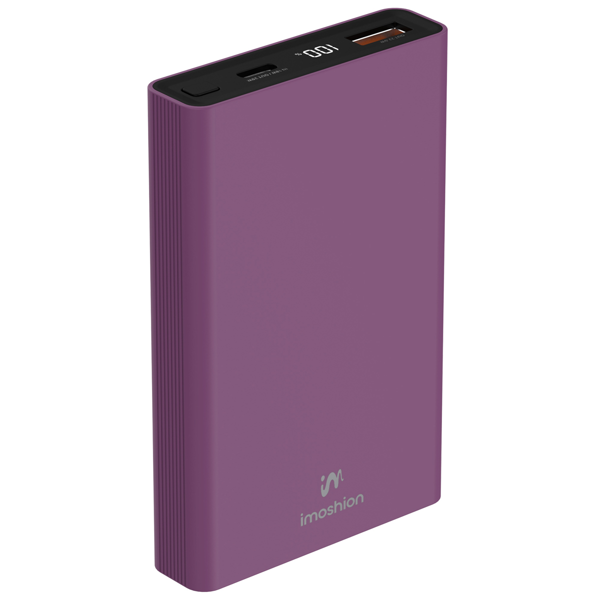 Batterie externe violette. Montre la marque et possède des ports de charge.