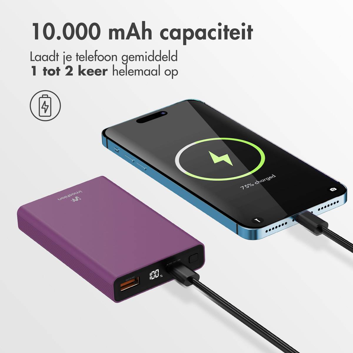 Un téléphone se charge à partir d'une batterie externe violette. L'écran affiche 75% de charge.