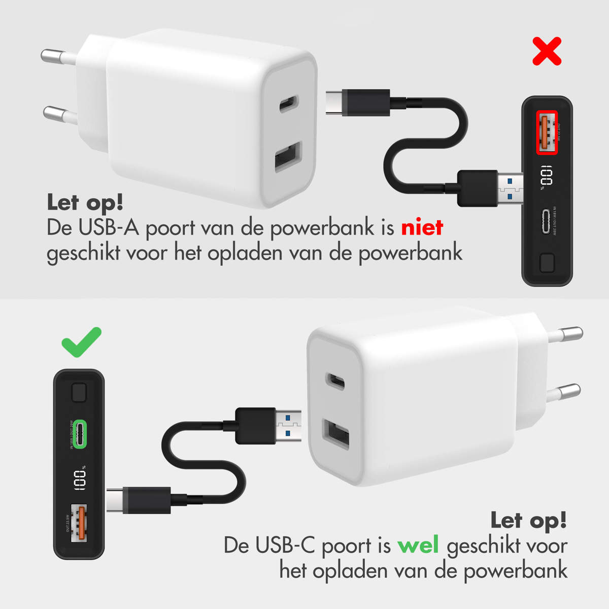 Schéma des appareils en charge. Montre la mauvaise et la bonne façon de charger.