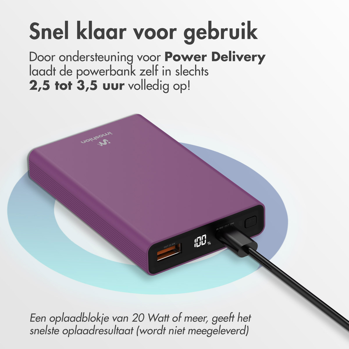 Batterie externe violette chargeant un téléphone. Le texte dit : Prêt à l'emploi rapidement. Power Delivery pris en charge.