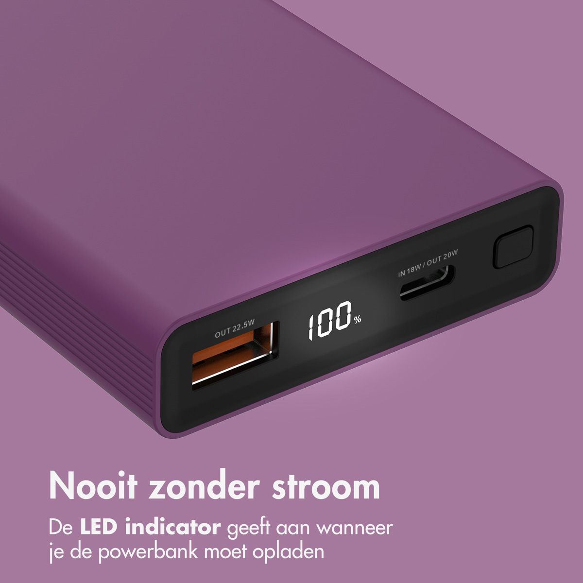 Batterie externe violette avec écran LED à 100% et port.