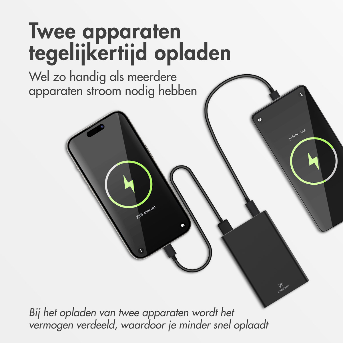 Deux téléphones se chargent à partir d'une power bank noire, indiquant 75% de charge.