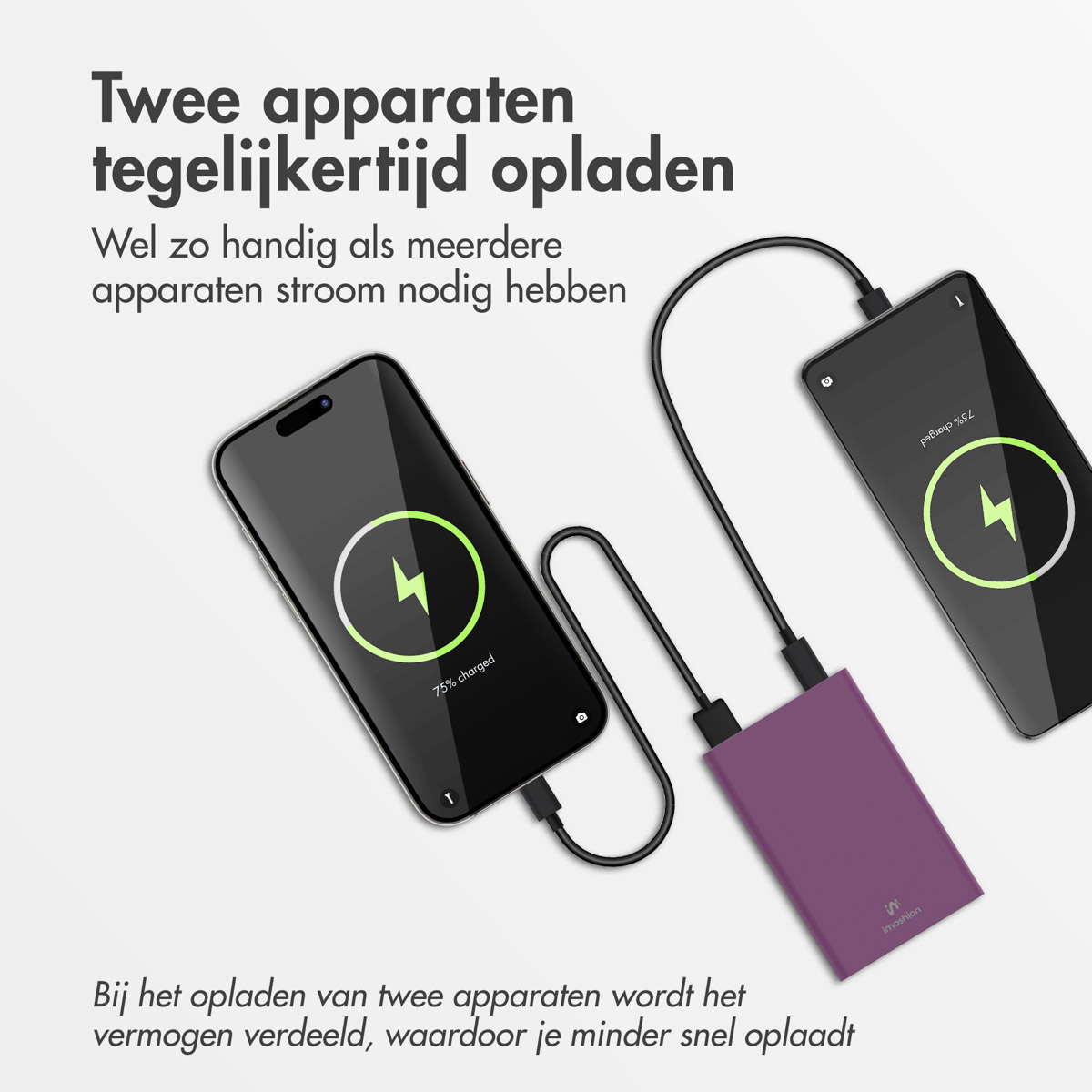Deux téléphones et une banque d'alimentation violette connectés avec des câbles de charge, affichant 75% chargé.