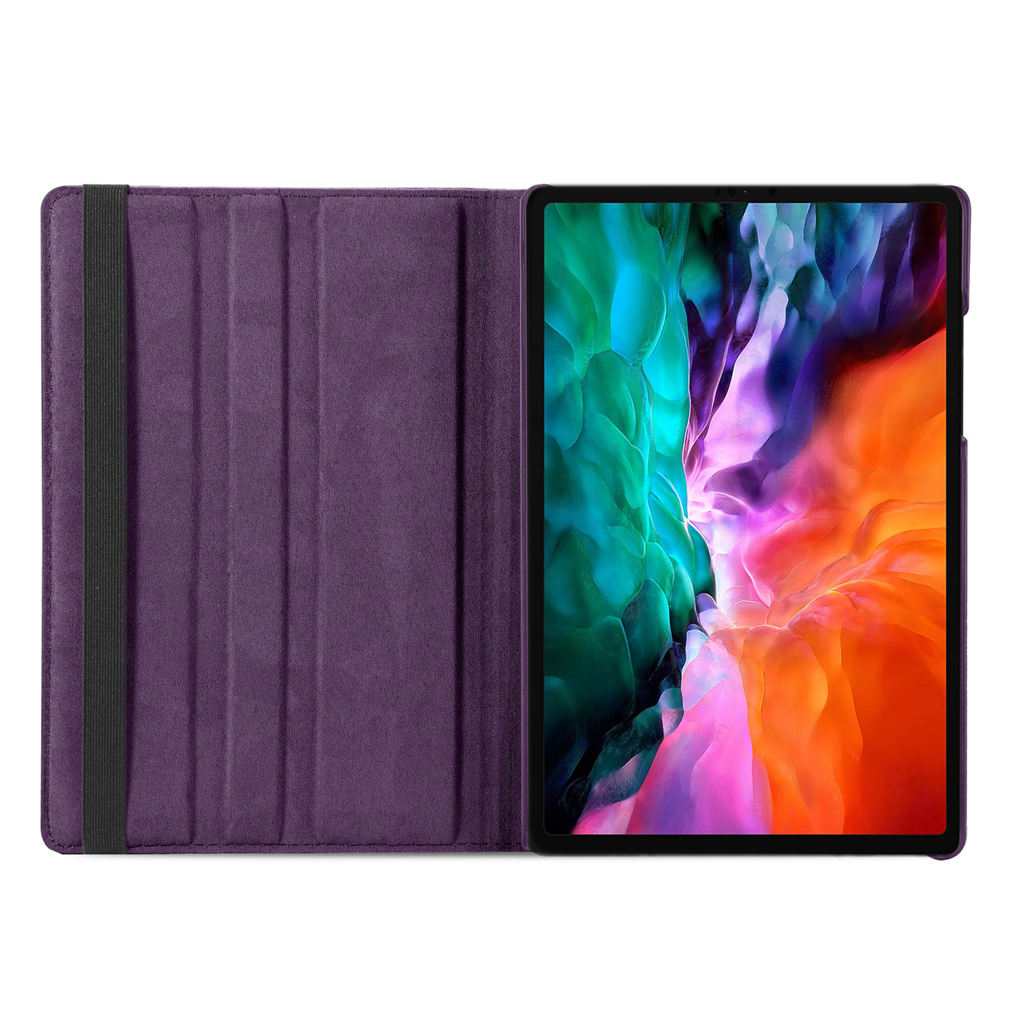 Tablet in een paarse hoes, open, met een kleurrijke afbeelding op het scherm.