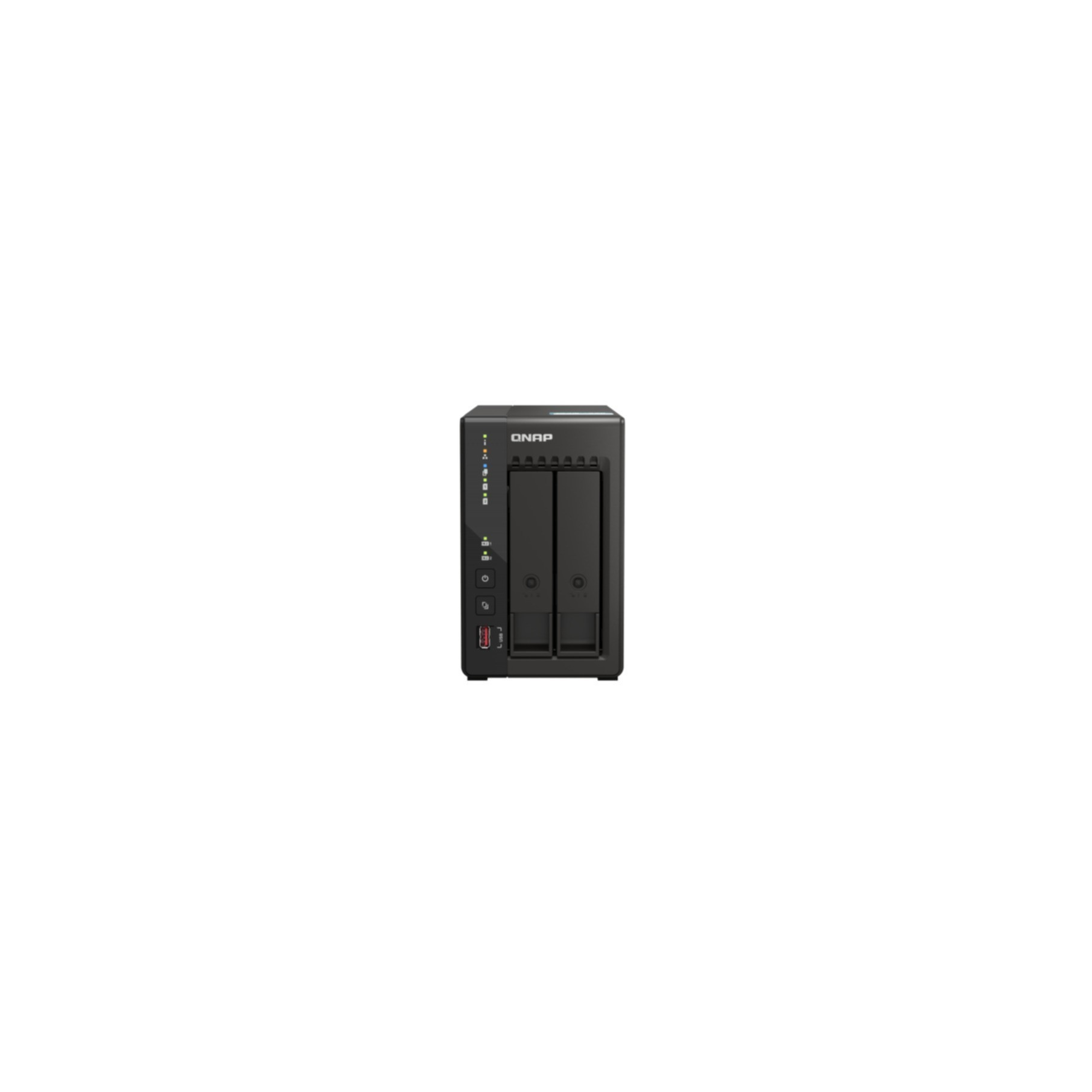 Schwarzer QNAP NAS-Server mit zwei Laufwerksschächten auf weißem Hintergrund.
