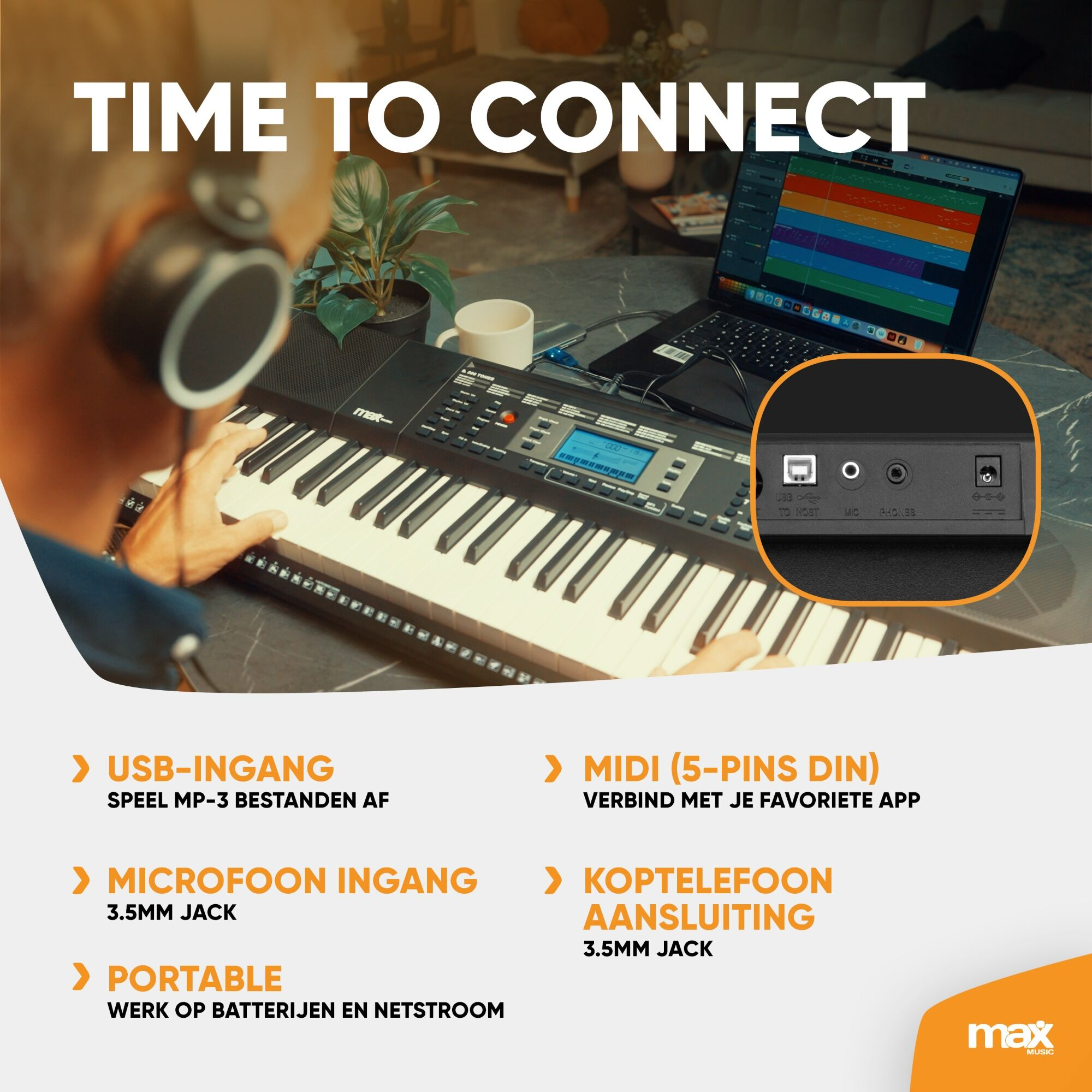 Persoon die piano speelt, close-up van piano en laptop met muzieksoftware, gelabelde functies.