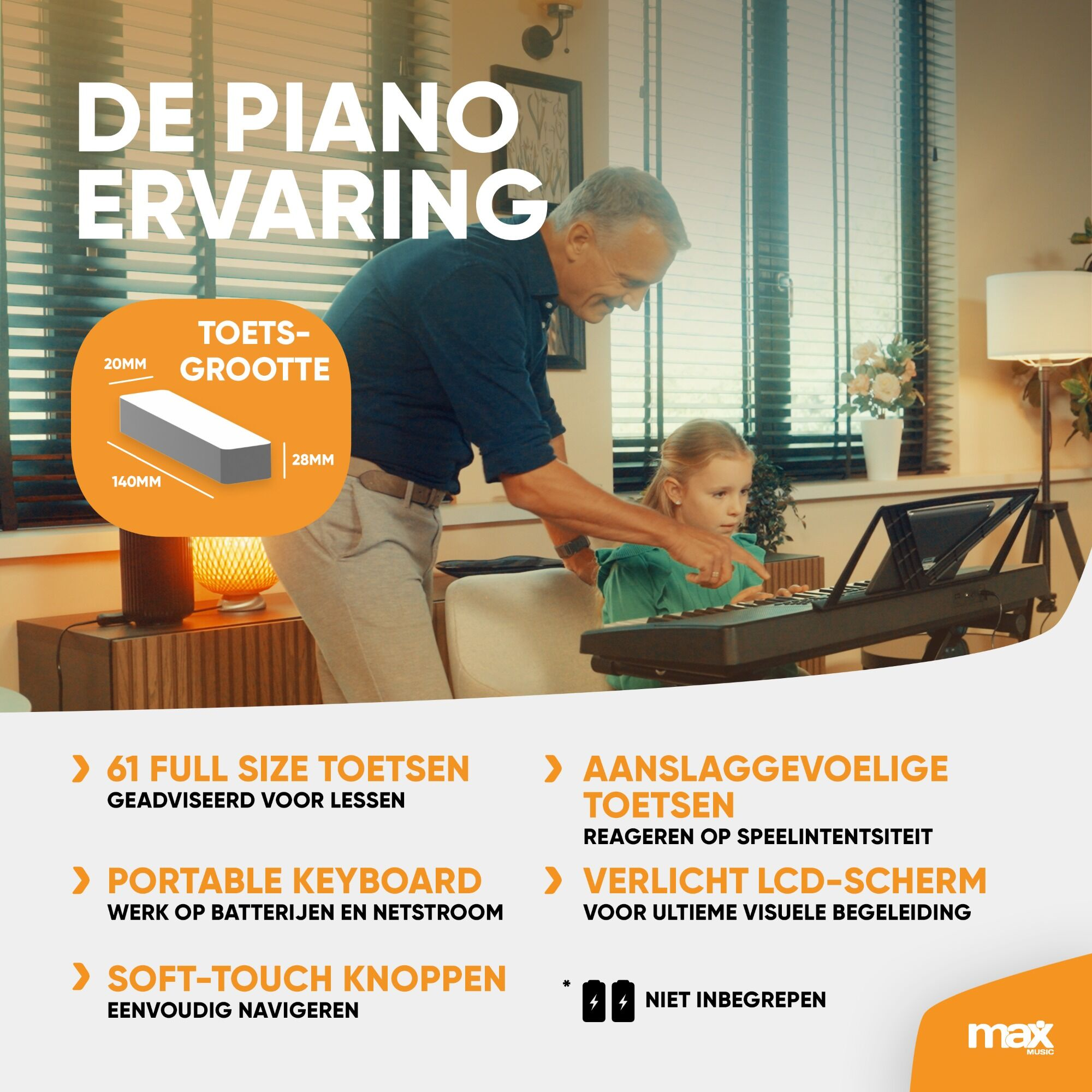 Man leert meisje keyboard spelen. Tekst: piano-ervaring, toetsgrootte en functies.