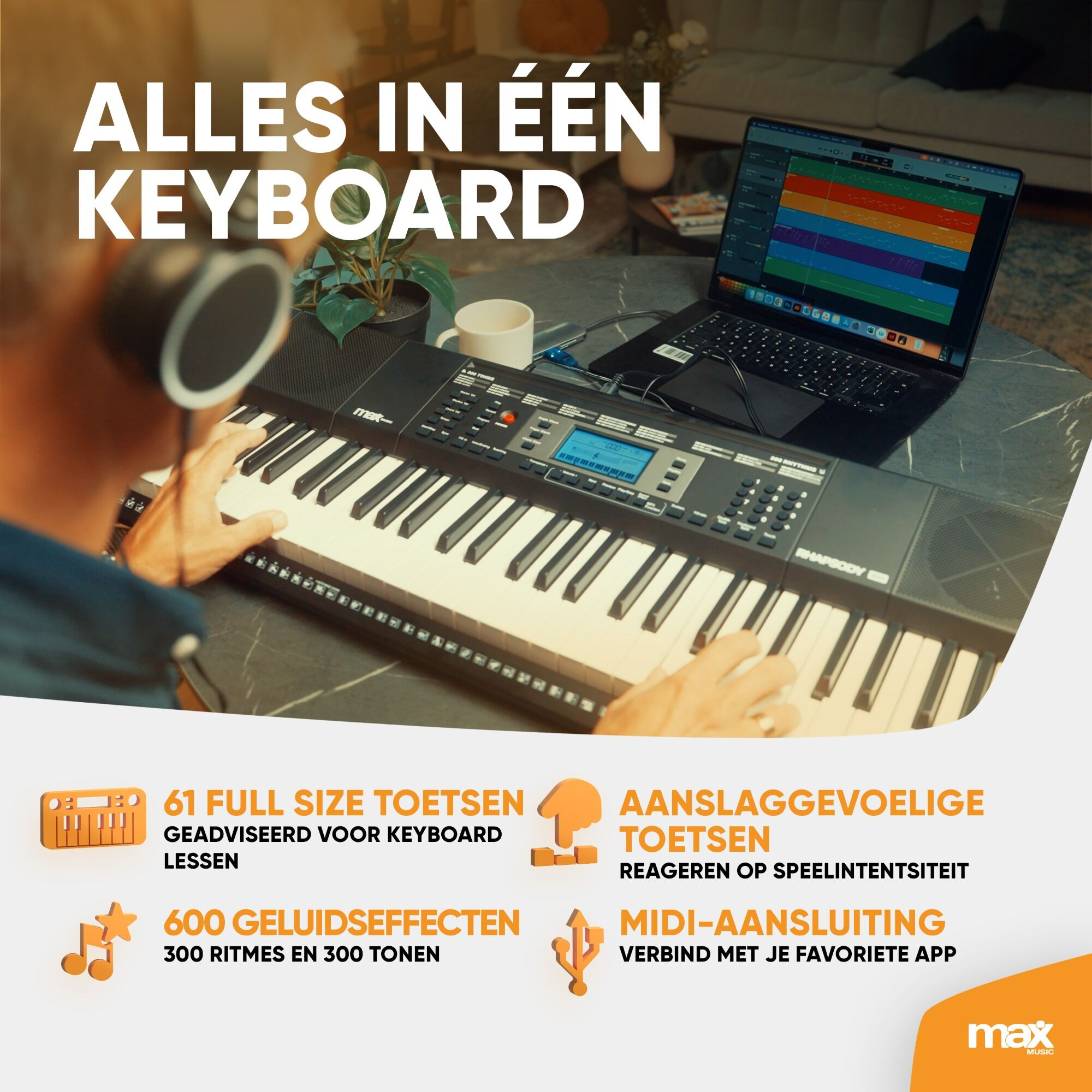 Een keyboard met een laptop op een tafel. De tekst op het keyboard luidt 'Alles in één keyboard'.