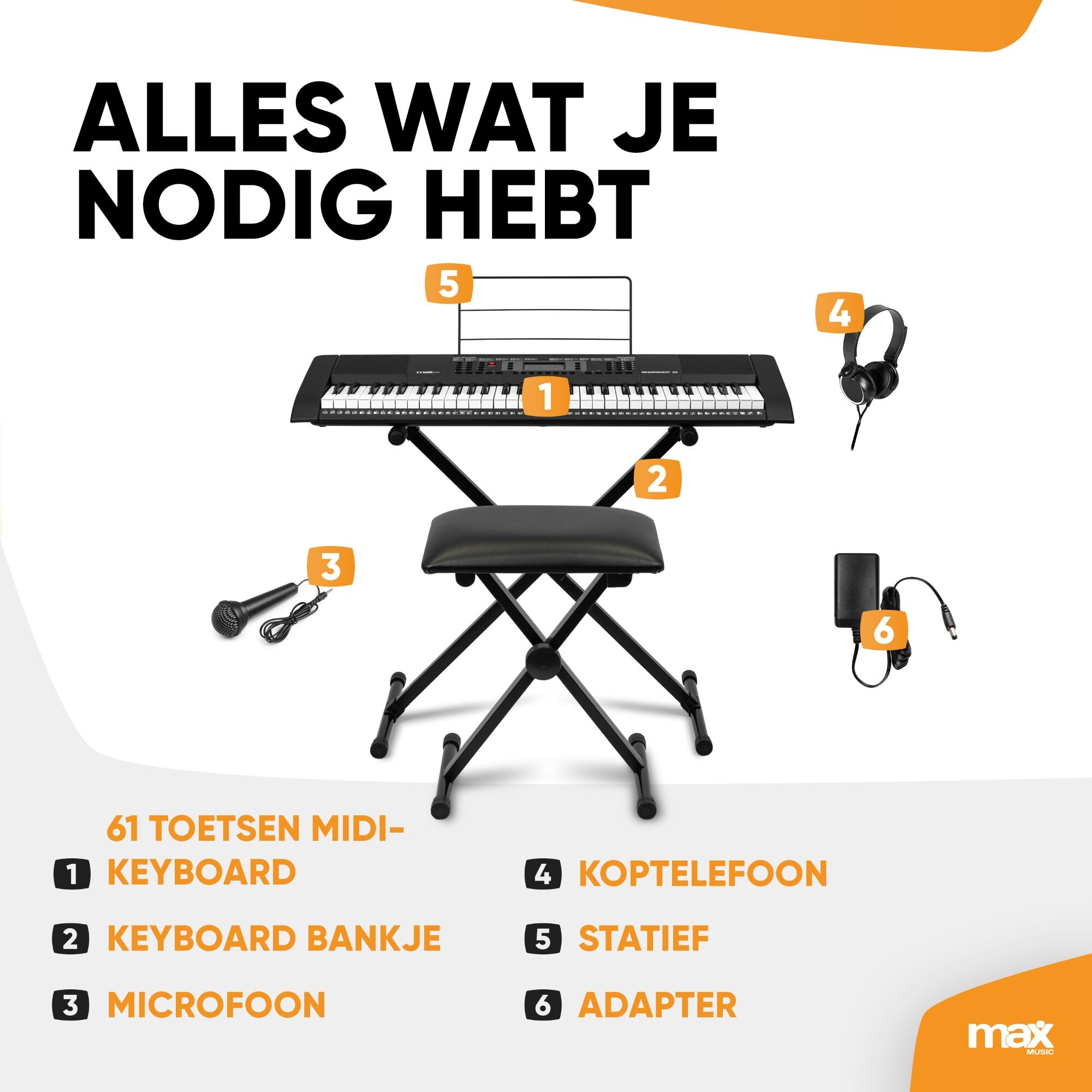 Een opstelling voor een keyboard, inclusief keyboard, standaard, kruk, microfoon, koptelefoon en adapter.