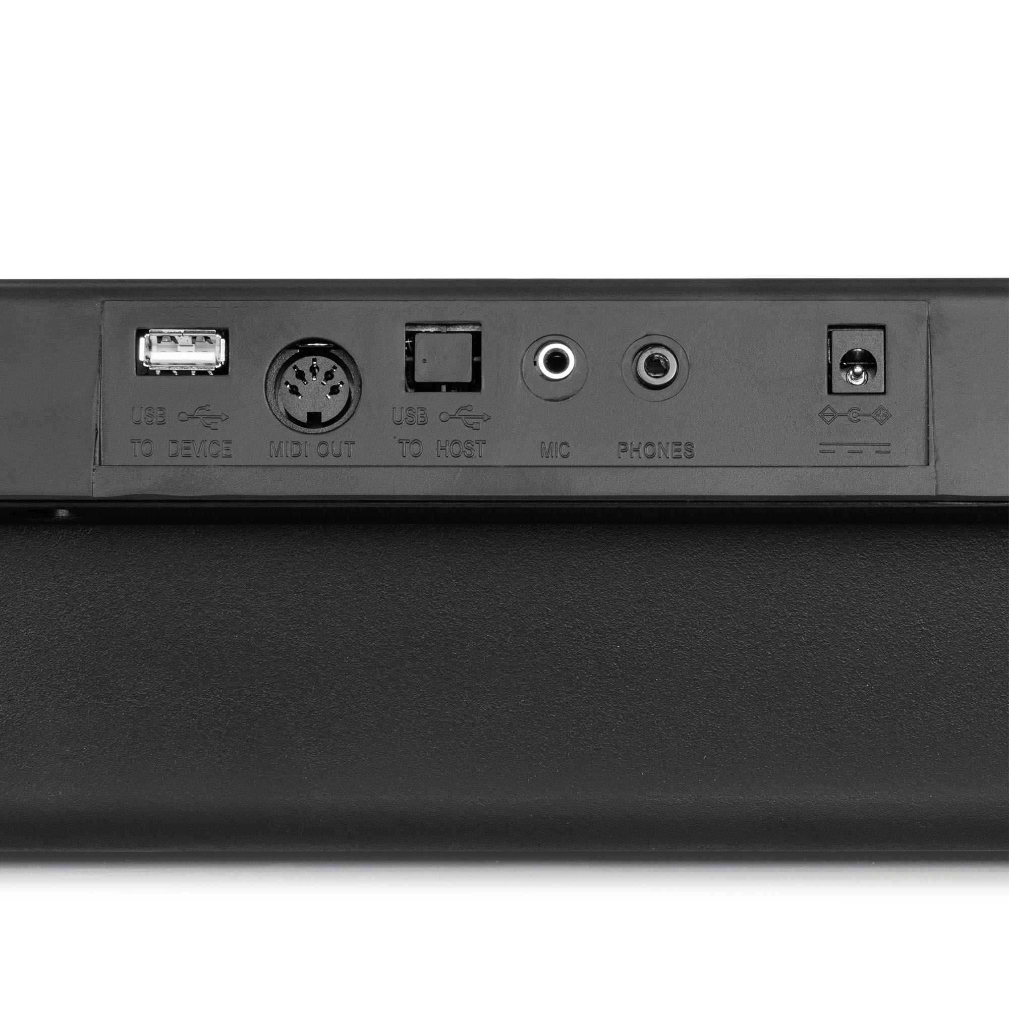 Achterpaneel van een zwart toetsenbord. Het heeft USB-, MIDI-, MIC- en telefoonjacks en een stroomingang.