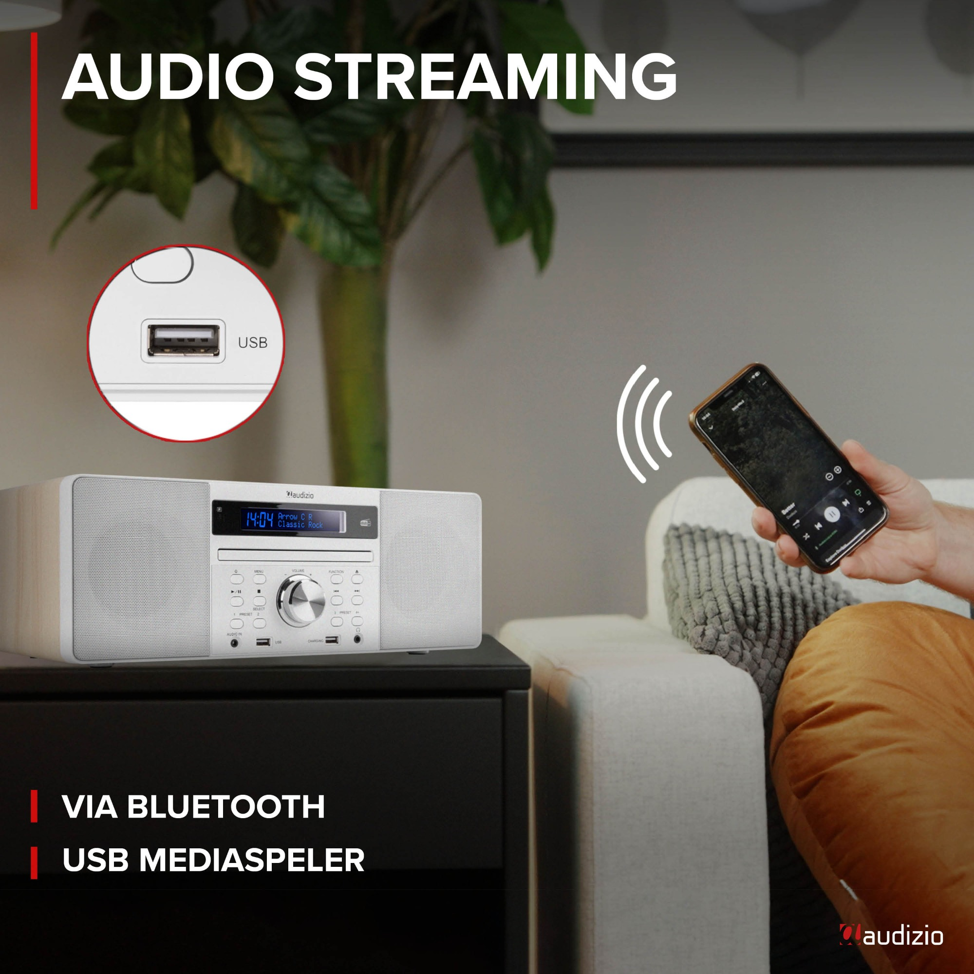 Weißes Audiosystem und Smartphone. Text sagt 'Audio Streaming'.