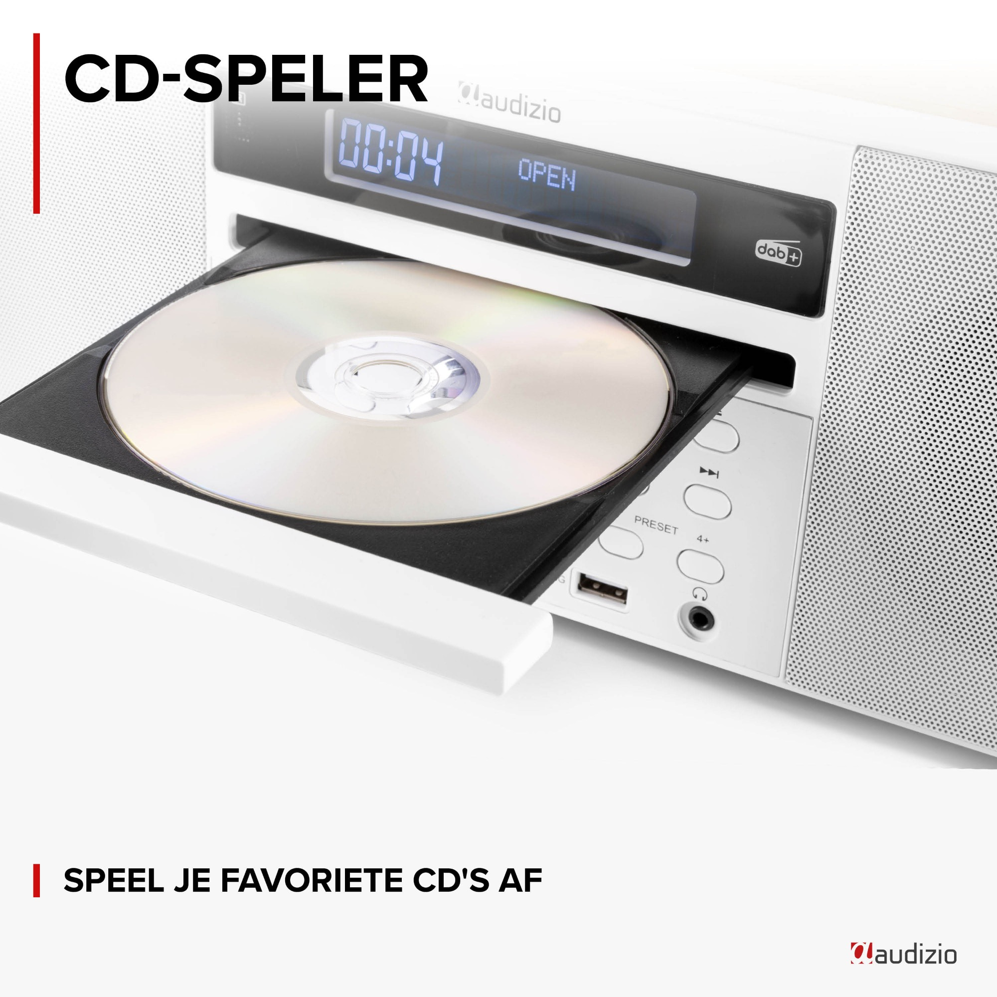 Weißer CD-Player mit offenem Fach und Digitalanzeige. Rote Linie mit Text darunter.