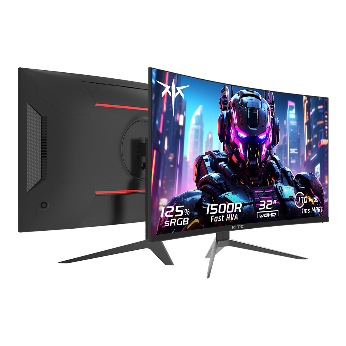 Monitor do gier z zakrzywionym ekranem, pokazujący futurystyczną grafikę gry, w czarno-czerwonym designie.