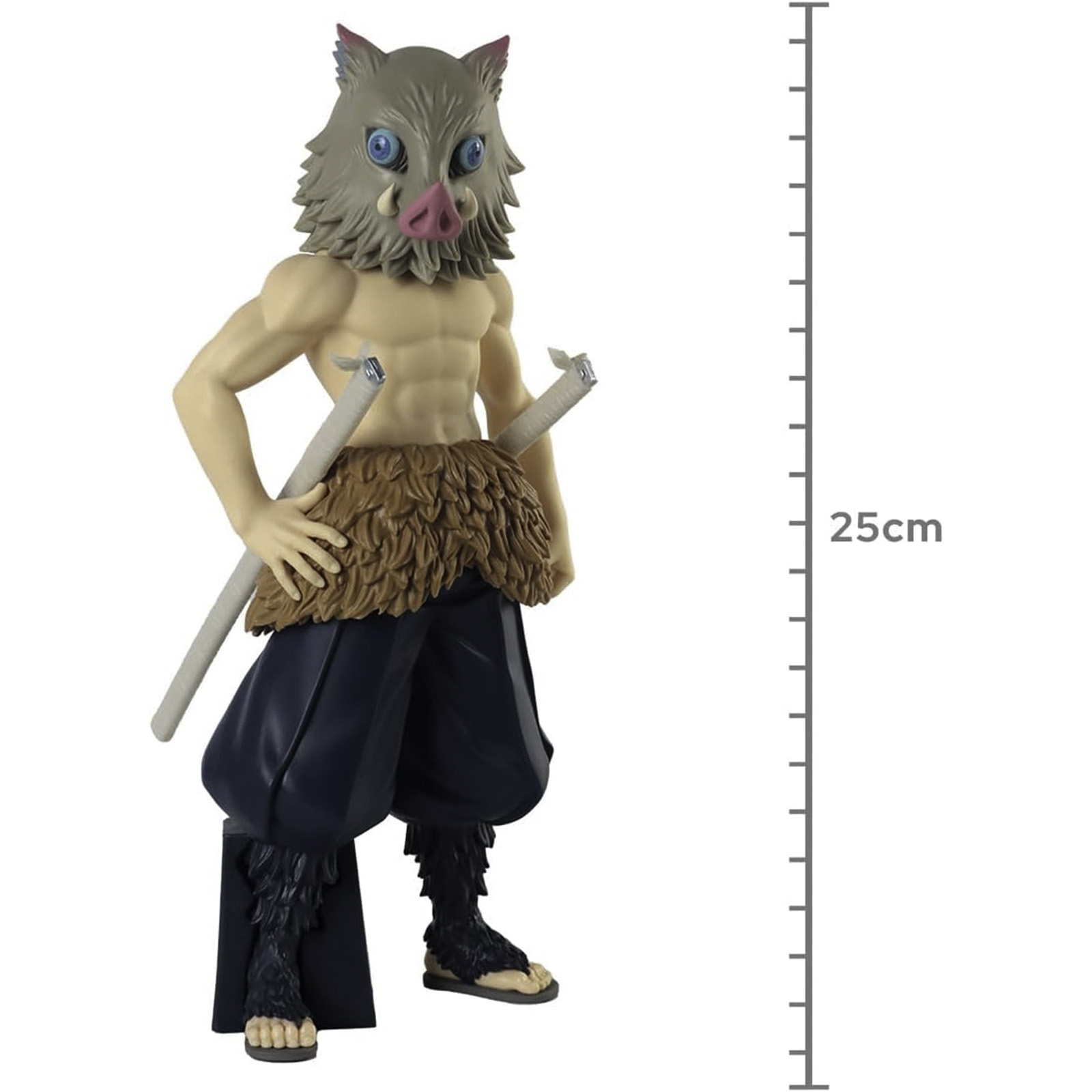 Anime-Figur eines Mannes mit Wildschweinmaske, Schwertern haltend, 25 cm hoch.