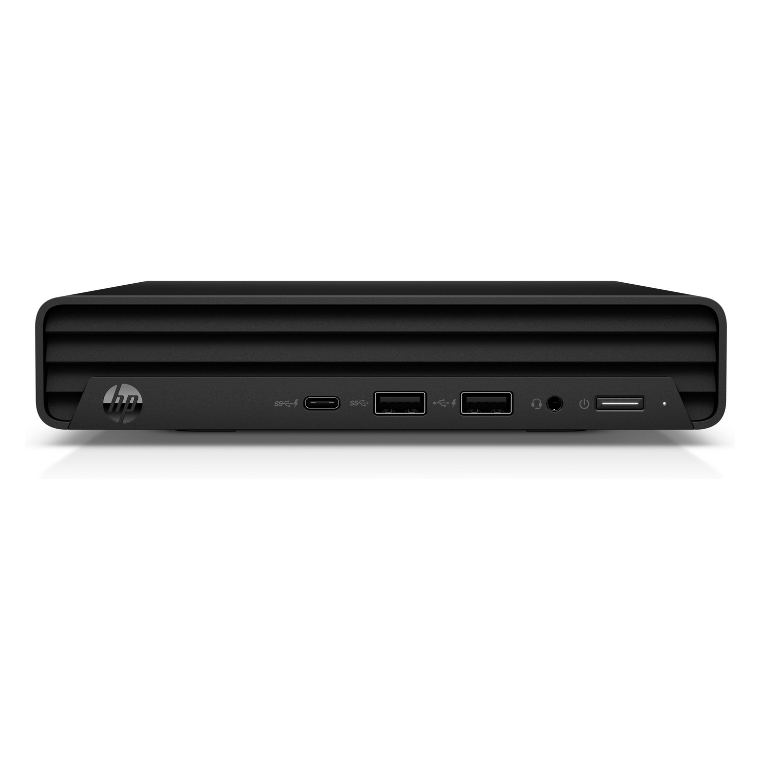 PC HP Pro Mini nero. Vista frontale con porte e pulsante di accensione su sfondo bianco.