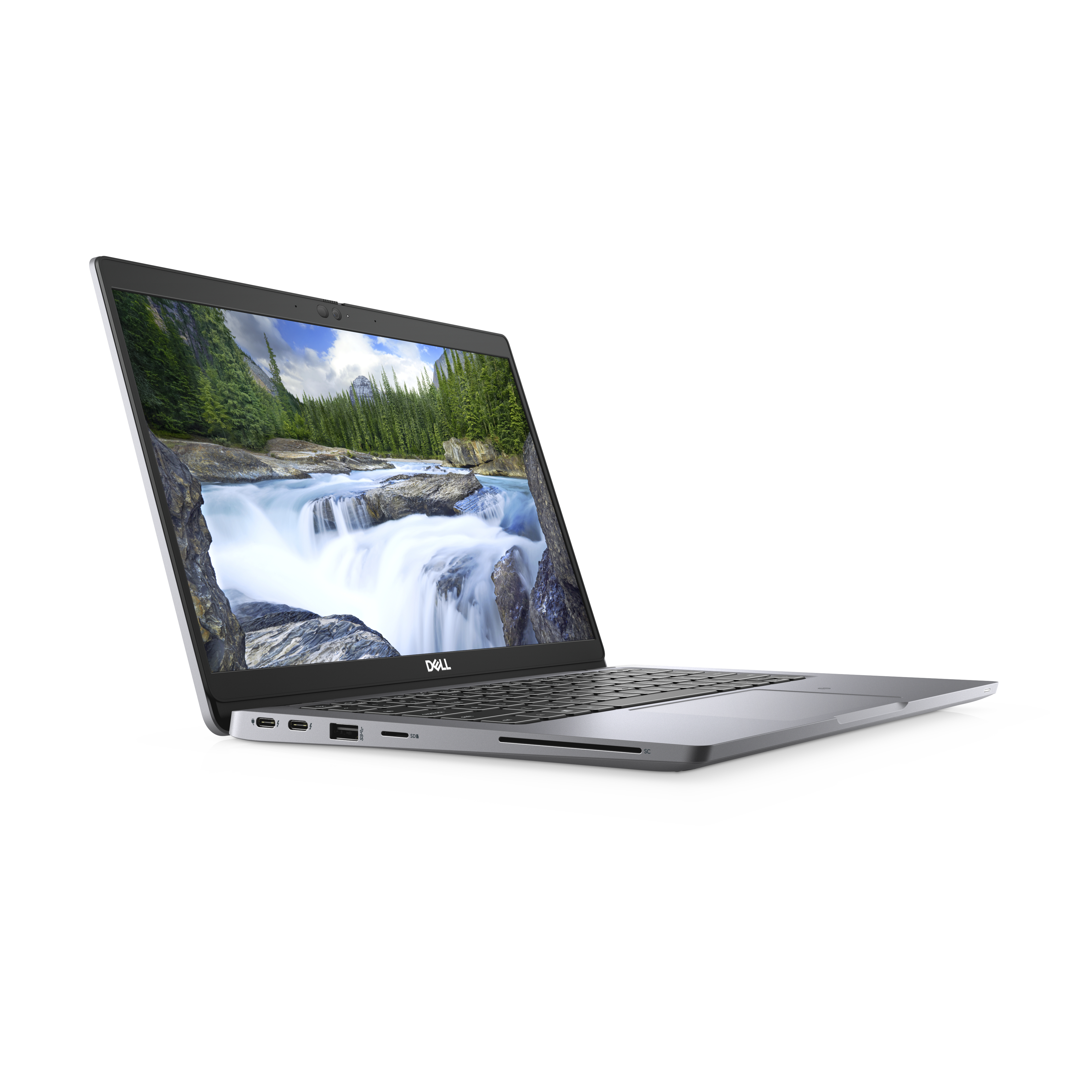 Silberner Laptop geöffnet, zeigt eine Wasserfallszene auf dem Bildschirm, isoliert auf weißem Grund.