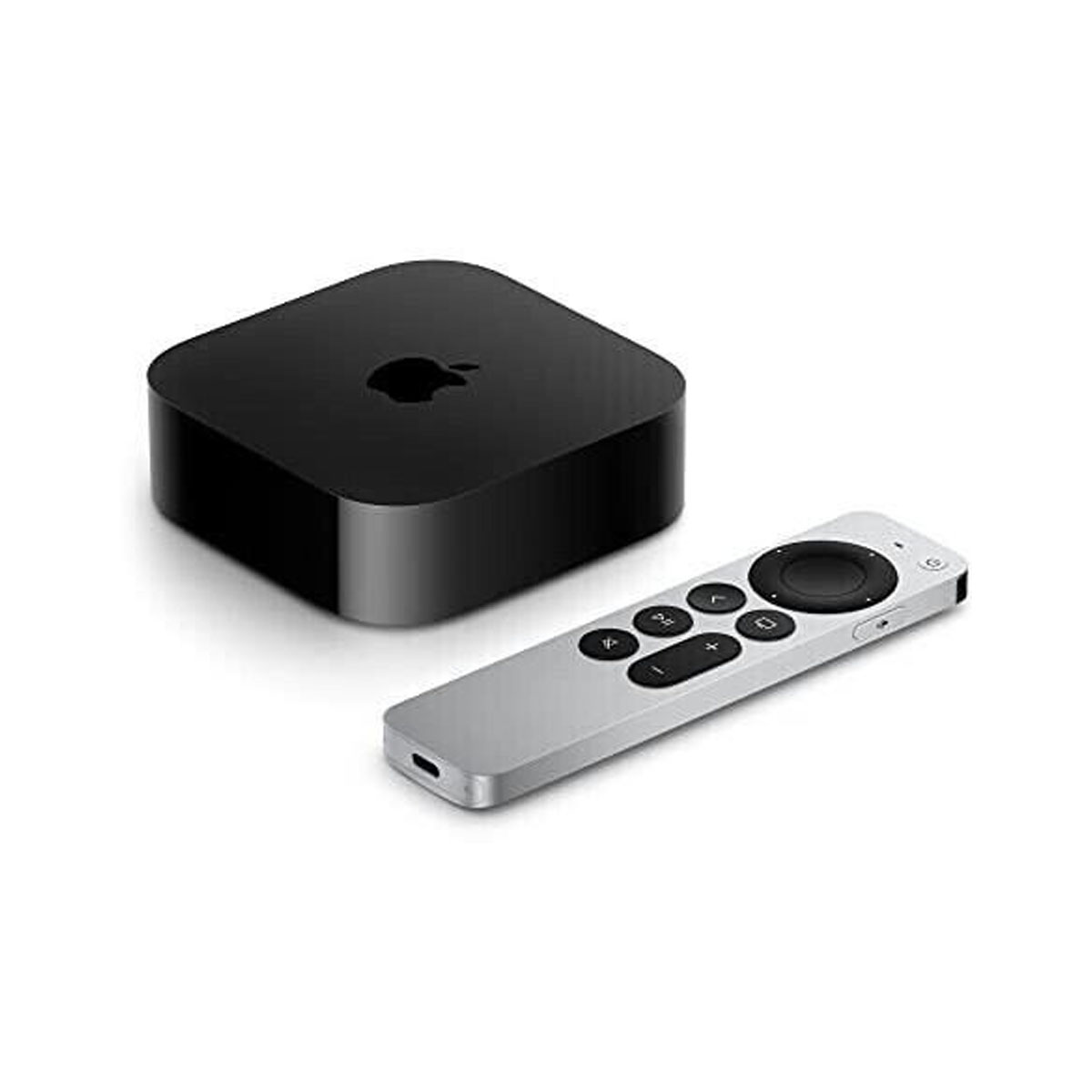 Schwarze Apple TV Box und eine silberne Fernbedienung. Die Box ist quadratisch mit einem schwarzen Apple-Logo.