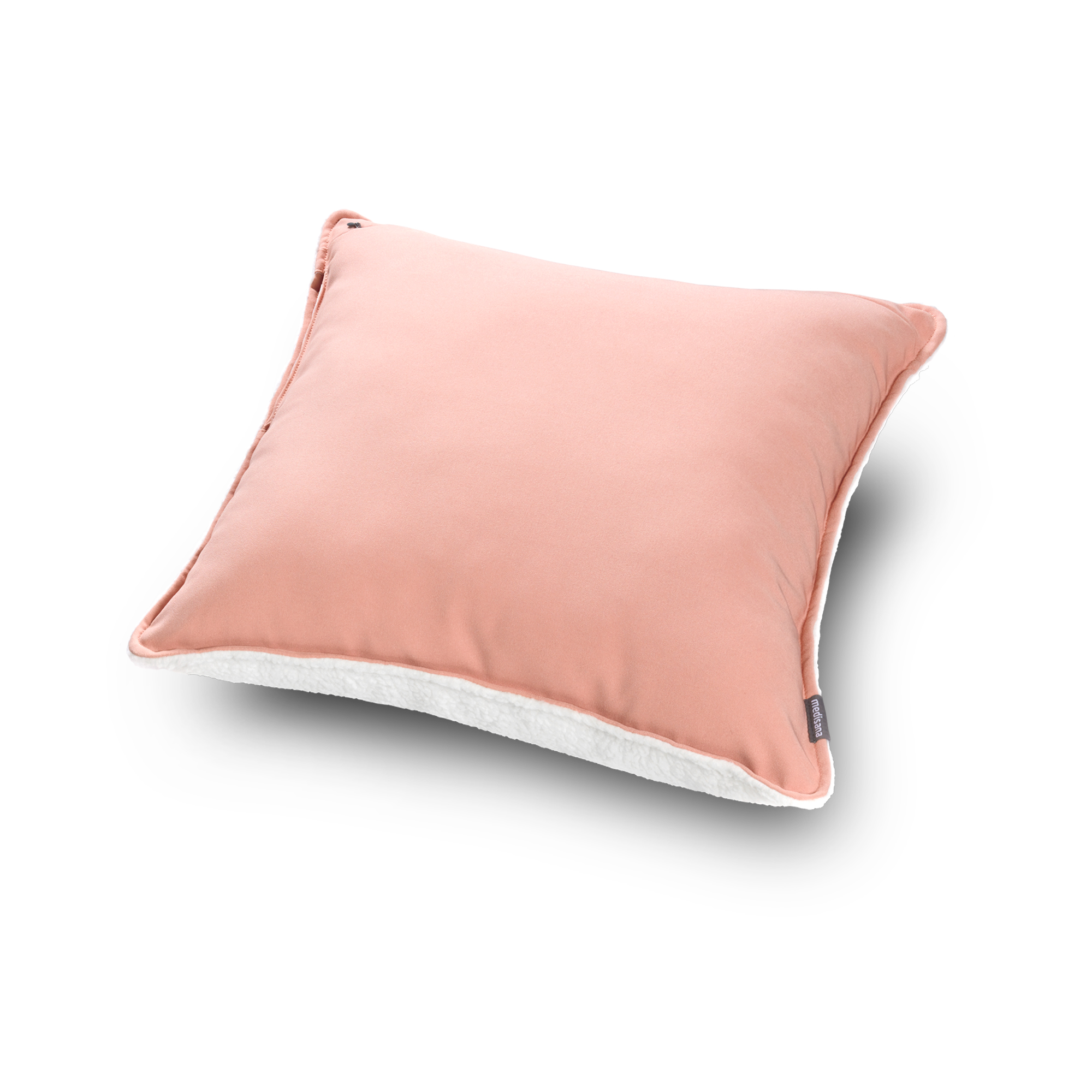 Ein rosa, quadratisches Kissen mit weißem Rand wird leicht angewinkelt auf einer weißen Oberfläche gezeigt.